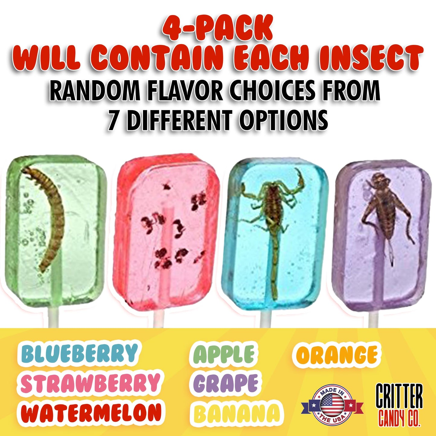 HotLix Insect Lollipops (4-Pack) | Includes Scorpion  Worm  Ants  Cricket | Bug Candy Suckers Individually Wrapped | Bug Lollipops with Real Edible Insects | Weird Candy Pack