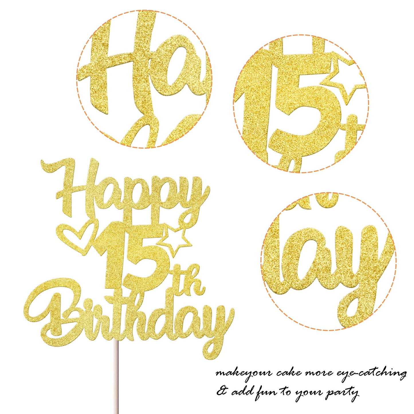 YCTHUNFISH 15th Birthday Cake Topper - Glitter Heart Star Design, Gold, Bamboo