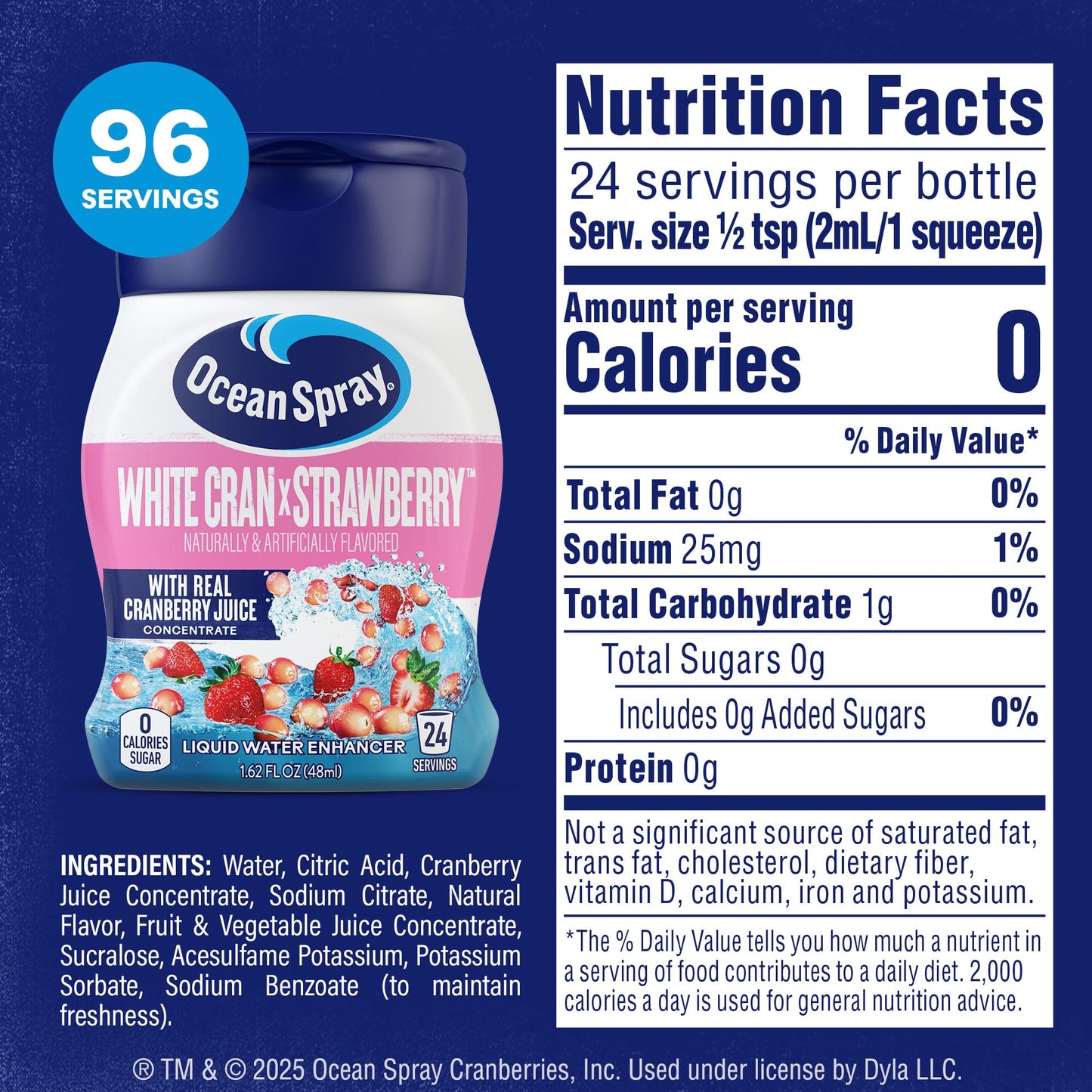 Ocean Spray Liquid Water Enhancer  White Cran-Strawberry  Zero Sugar with Real Cranberry Juice (4 Bottles  Makes 96 Flavored Water Drinks)
