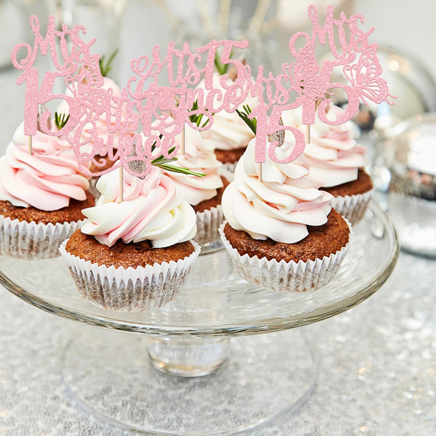Rssta i Cupcake Toppers 24 Pack Glitter Picks for 15th Birthday Party, Pink