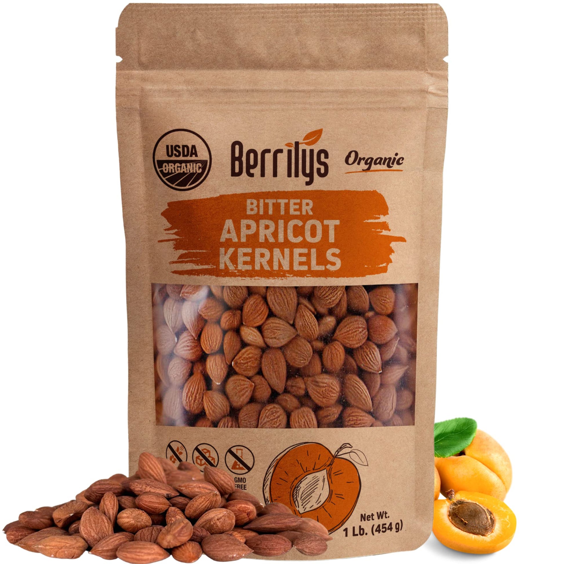 Berrilys Organic Bitter Apricot Kernels - Usda Certified Organic Bitter Apricot Seeds - Natural & Non-Gmo, Enhanced Quality Kernals, No Sulfur Or Additives - 16 Oz