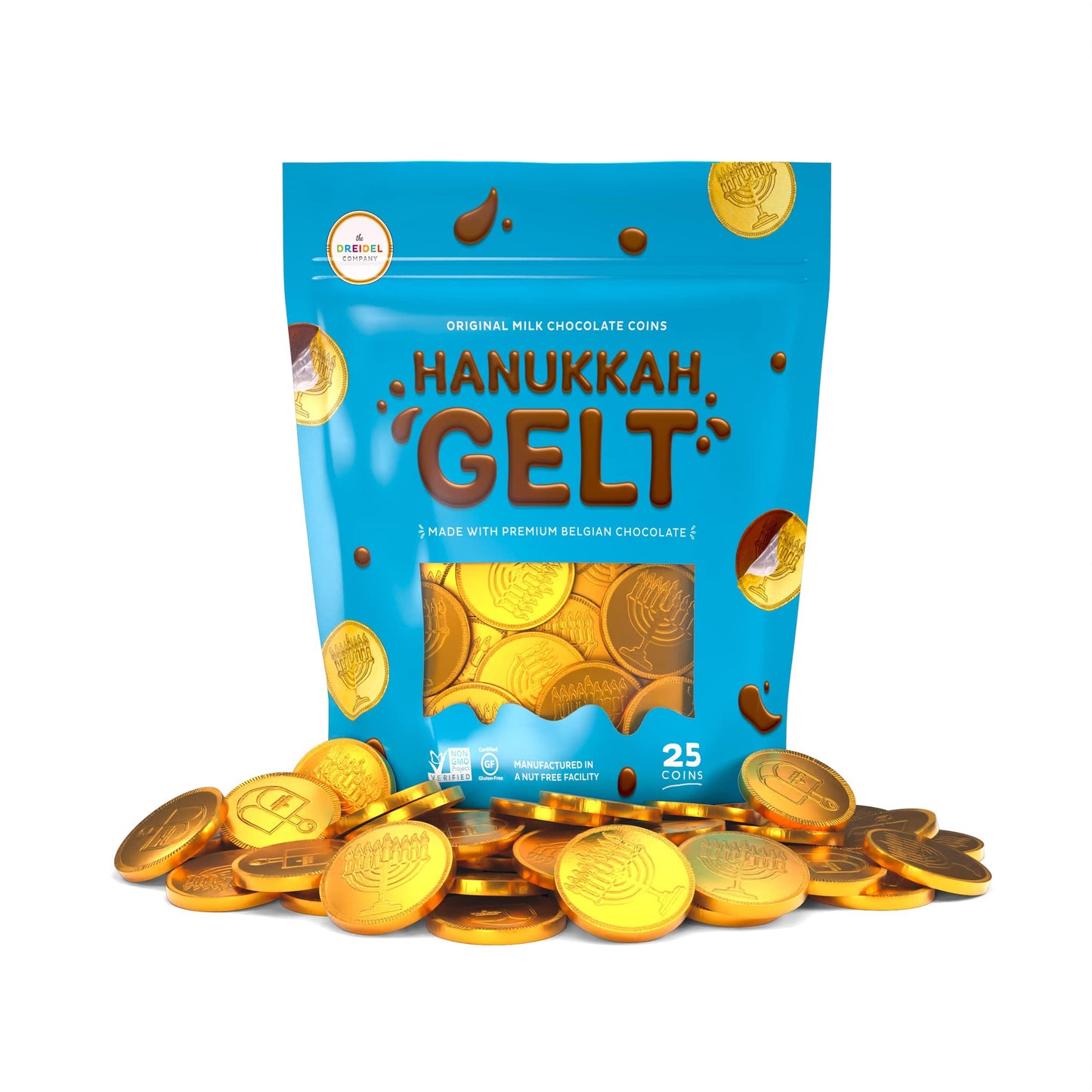 The Dreidel Company 25-Pack Top-Grade Belgian Chocolate Gelt Milk Chocolate Coins  Gold Hanukkah Gelt  With Menorah And Dreidel Design (25 Coins)