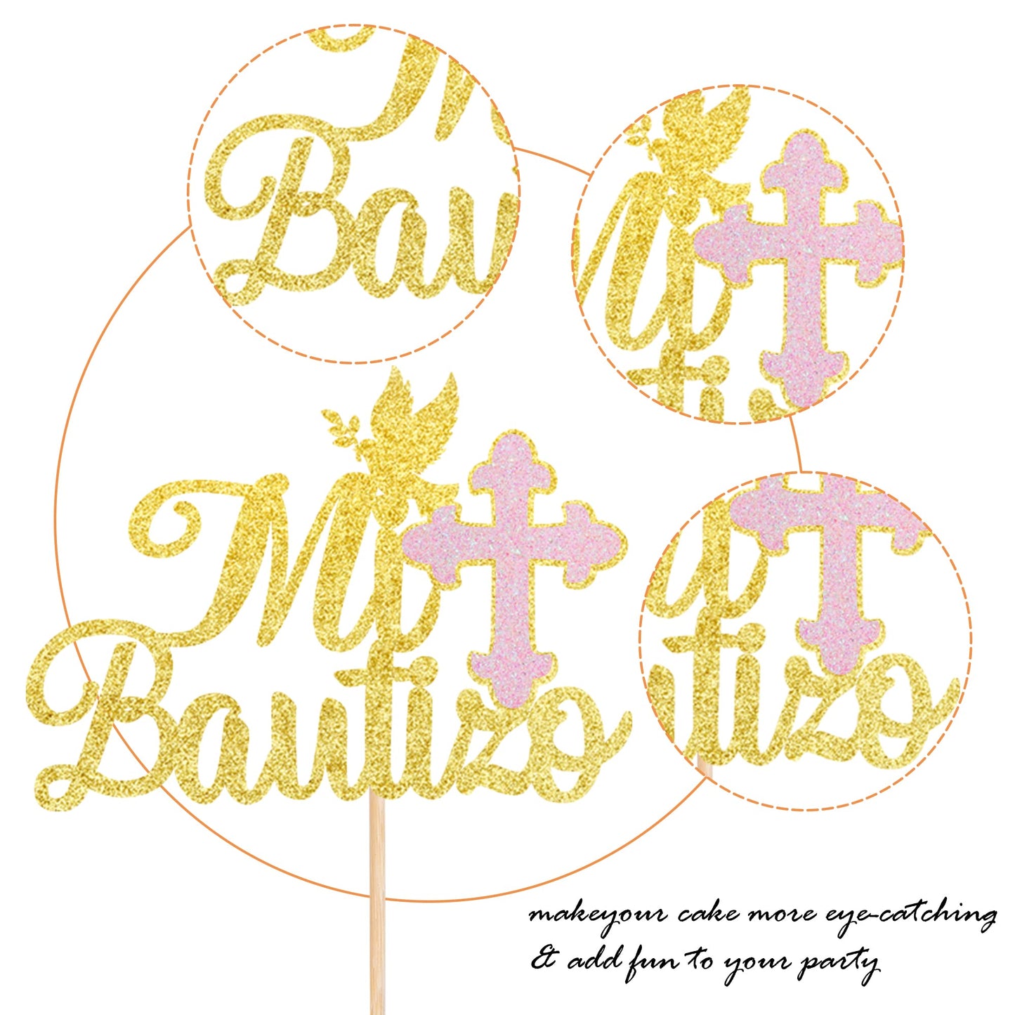 ZHUOWEISM Spanish Mi Bautizo Cake Topper, Glitter Pink Cross, Dove Design, Small, Bamboo, Gold
