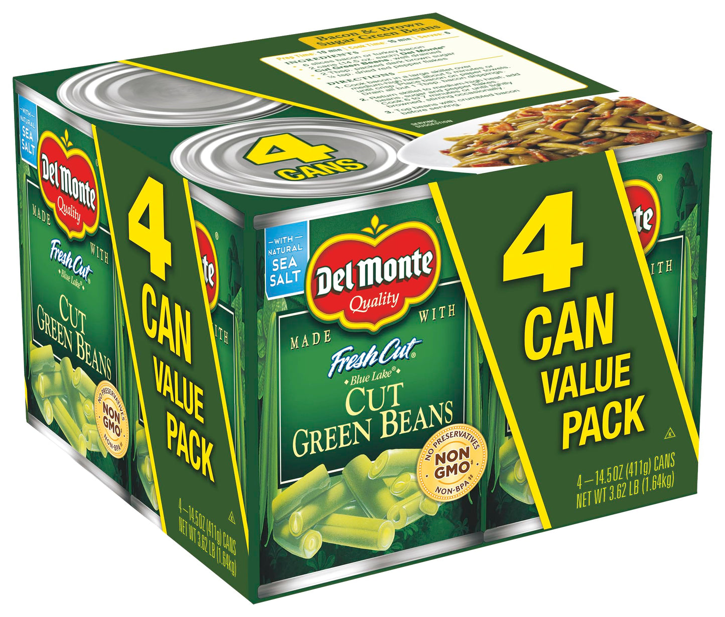 Del Monte FRESH CUT BLUE LAKE Cut Green Beans, Canned Vegetables, 4 Pack, 14.5 oz Cans