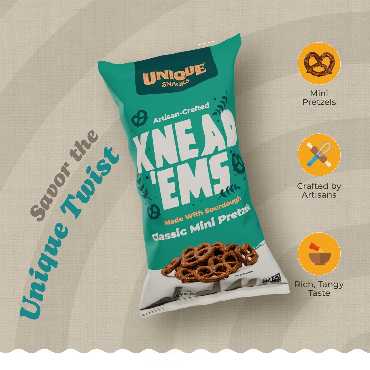 Unique Snacks Knead Ems Sourdough Mini Pretzels, Artisan Vegan Snack, Non-GMO, Kosher, 11 oz Bags, 3 Pack