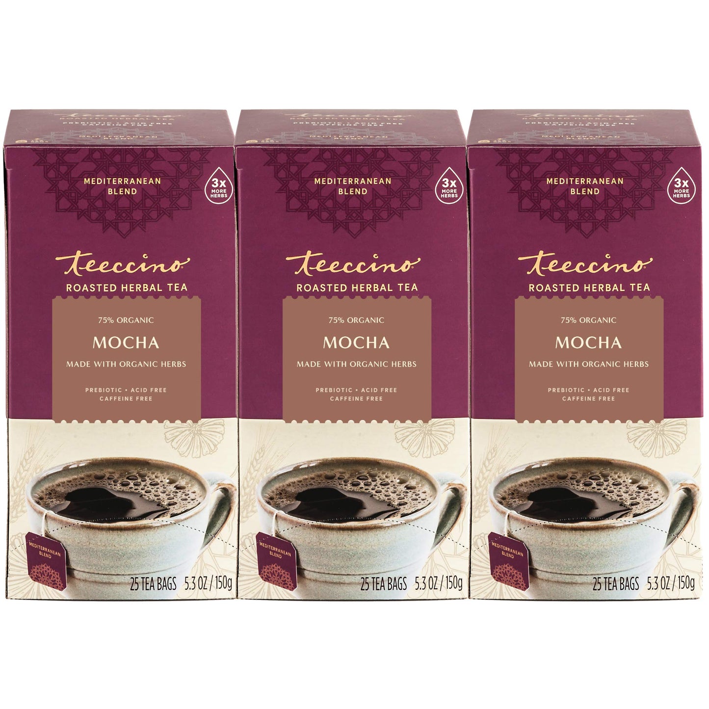 Teeccino Mocha Herbal Tea - Caffeine Free & Prebiotic - 75 Count (Pack of 3)