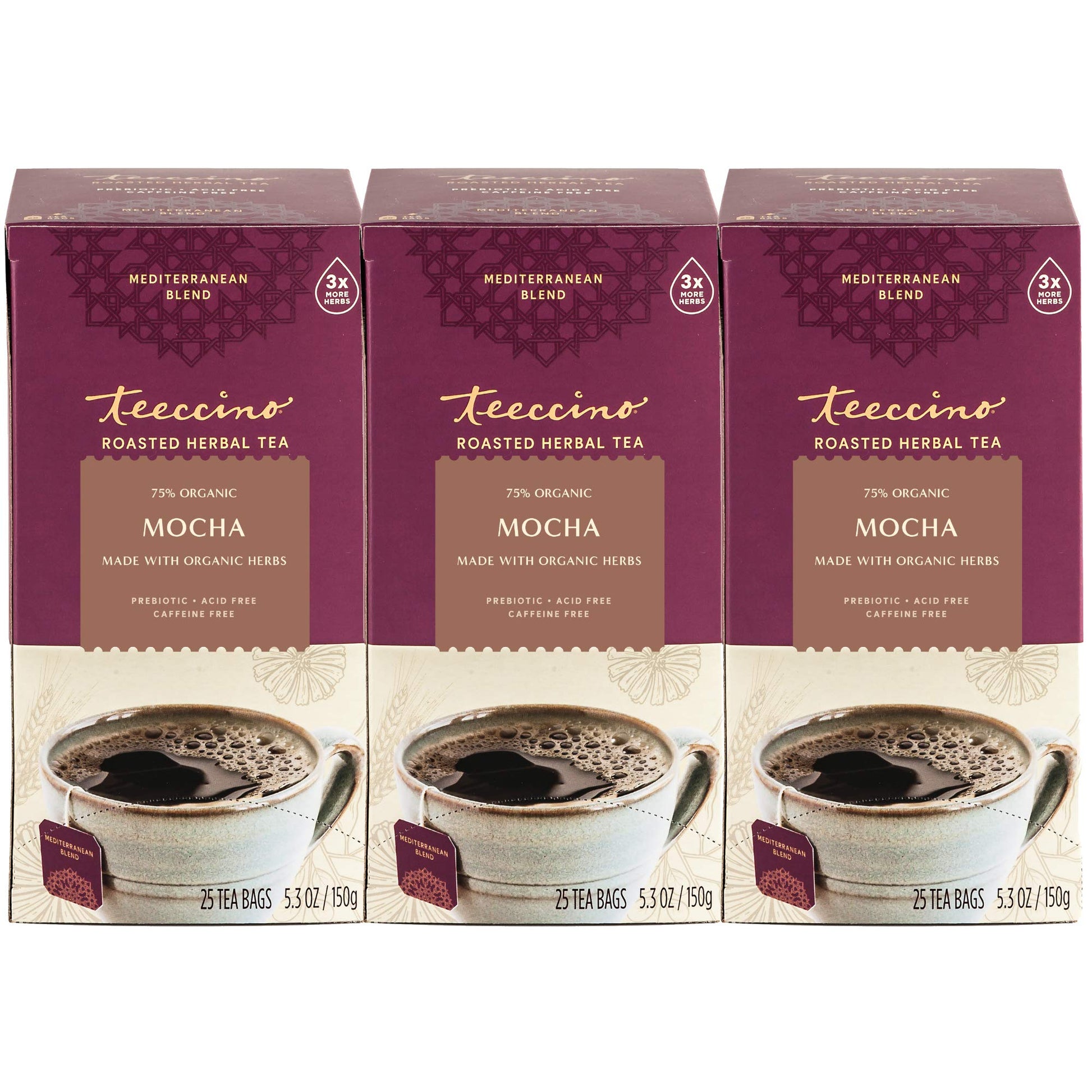 Teeccino Mocha Herbal Tea - Caffeine Free & Prebiotic - 75 Count (Pack of 3)