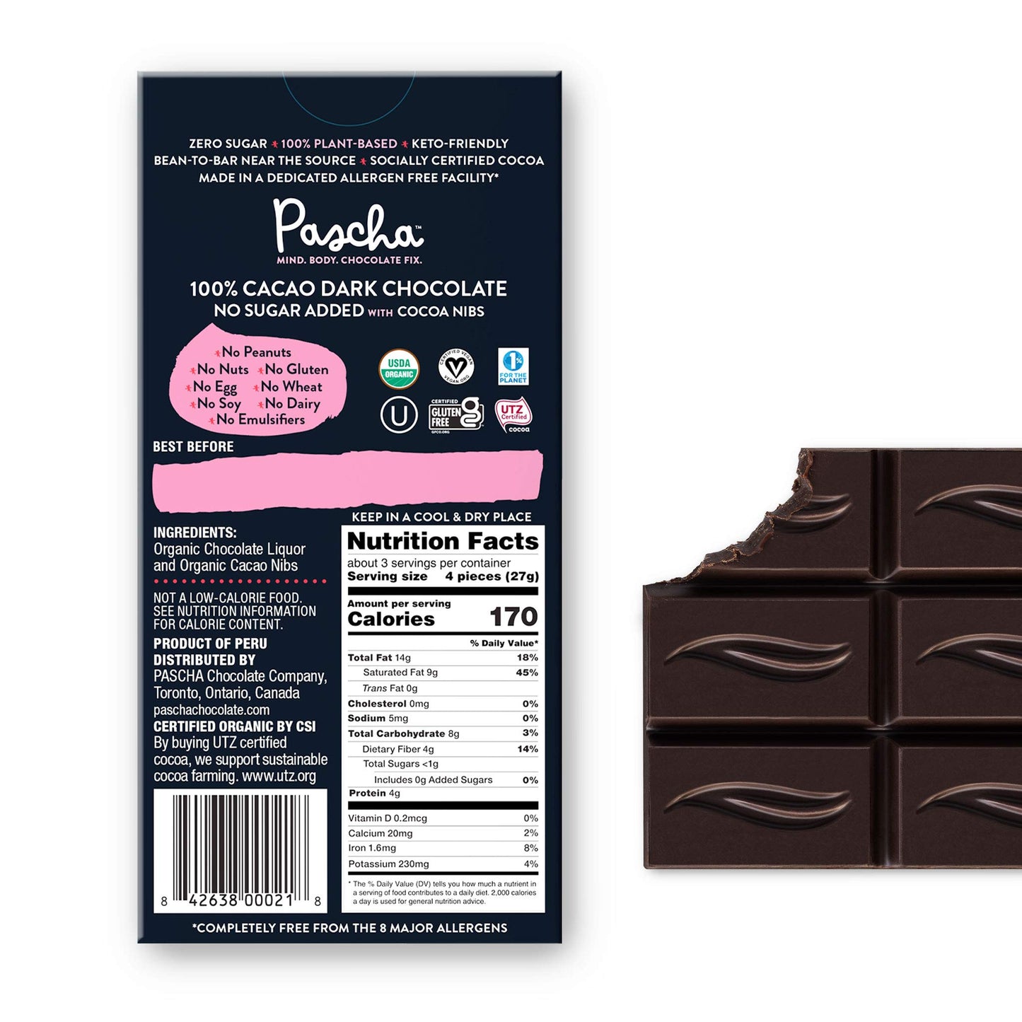 Pascha Organic 100% Cacao Chocolate Bars with Cocoa Nibs, Gluten Free, Non-GMO, 2.82 oz (Pack of 5)