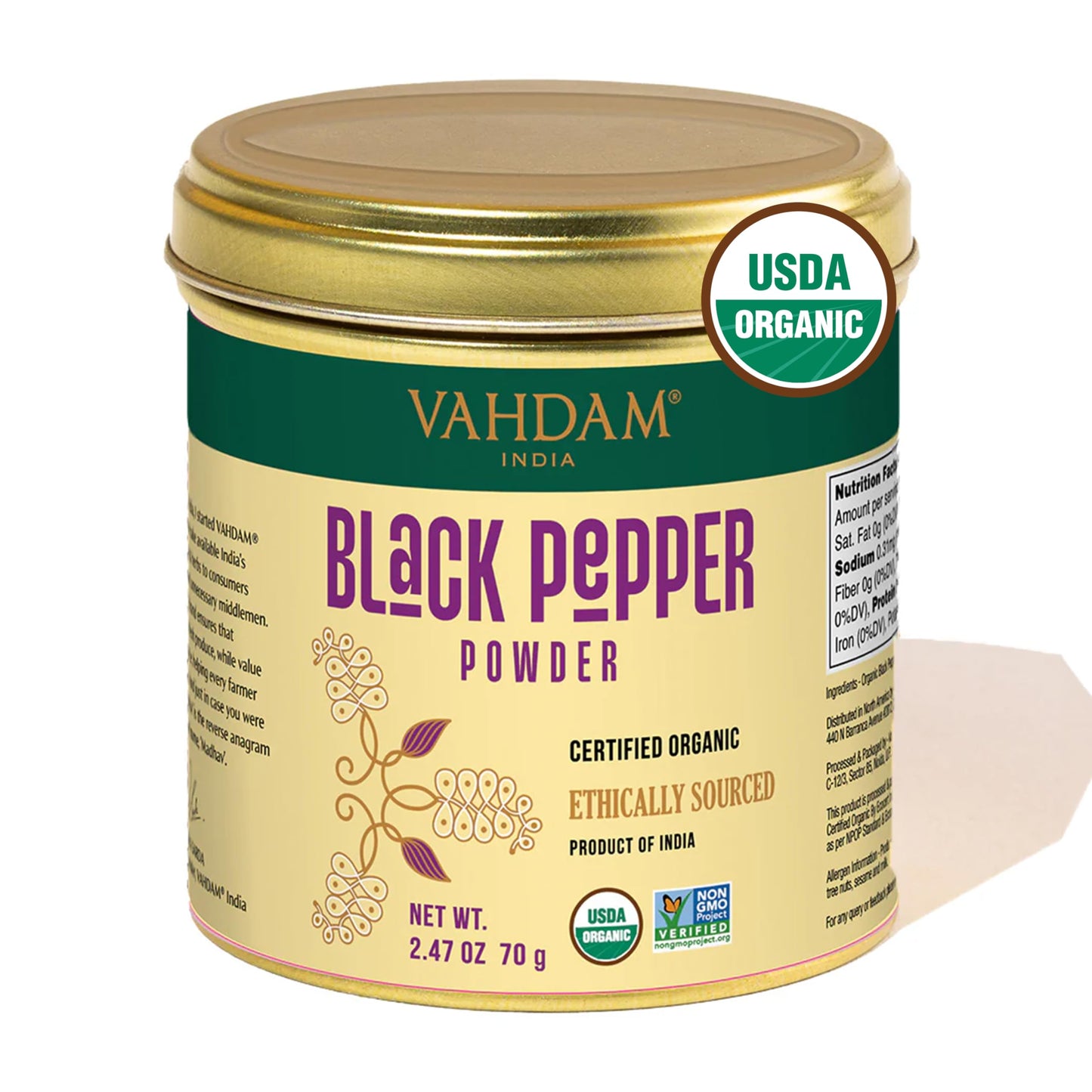 VAHDAM Organic Black Pepper Powder, Gluten Free, 2.47oz, Ground Peppercorns from India