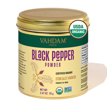 VAHDAM Organic Black Pepper Powder, Gluten Free, 2.47oz, Ground Peppercorns from India
