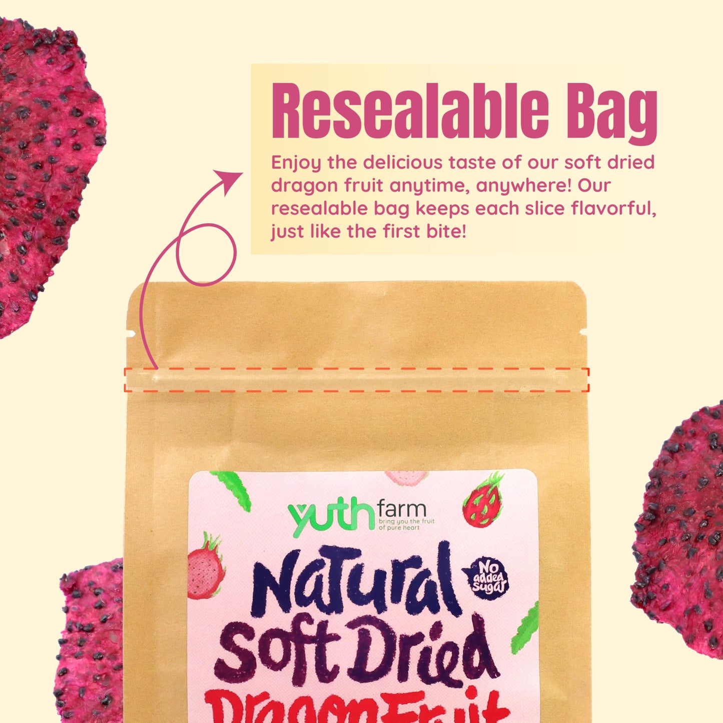 Yuth Farm Plant-Based Soft & Chewy Dried Fruit - Deliciously Healthy Snack 300g(10.6 Oz) (Dragon fruit)