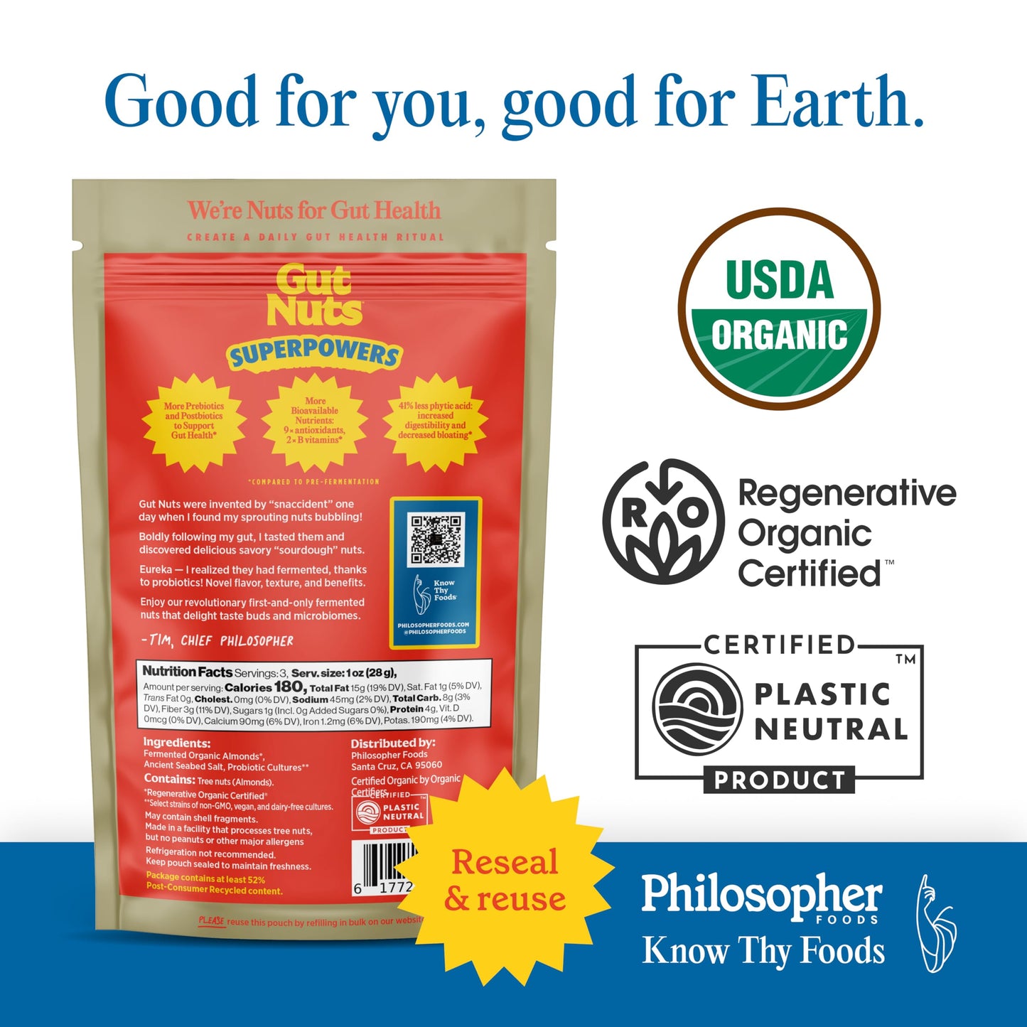 Philosopher Foods Gut Nuts - Fermented & Sprouted Almonds - 3oz Pouch (6 Pack) - Crunchy Low Carb Keto Snack