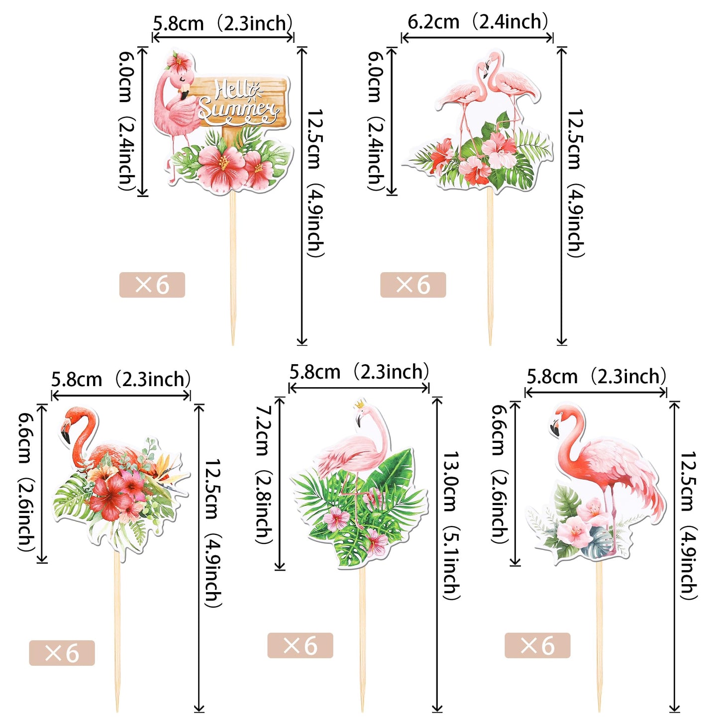 30 Pcs Flamingo Cupcake Toppers Double Sided Flower Tropical Aloha Luau Picks Hello Summer Cake Decorations For Hawaii Theme Bab