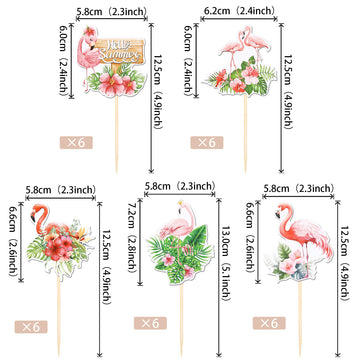 30 Pcs Flamingo Cupcake Toppers Double Sided Flower Tropical Aloha Luau Picks Hello Summer Cake Decorations For Hawaii Theme Bab