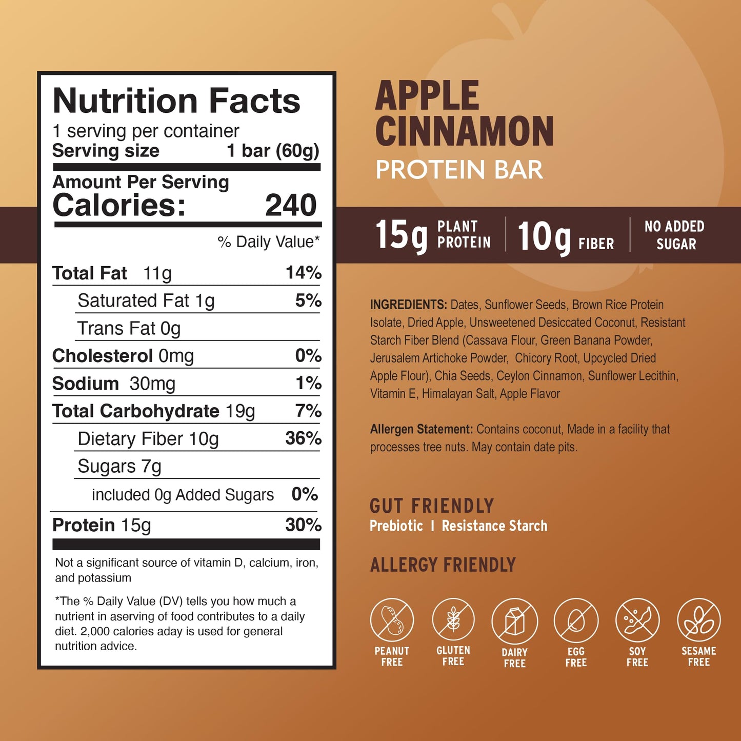 Amrita Apple Cinnamon Vegan Protein Bars - 15g Plant-Based Protein, Gluten-Free, 12 Count