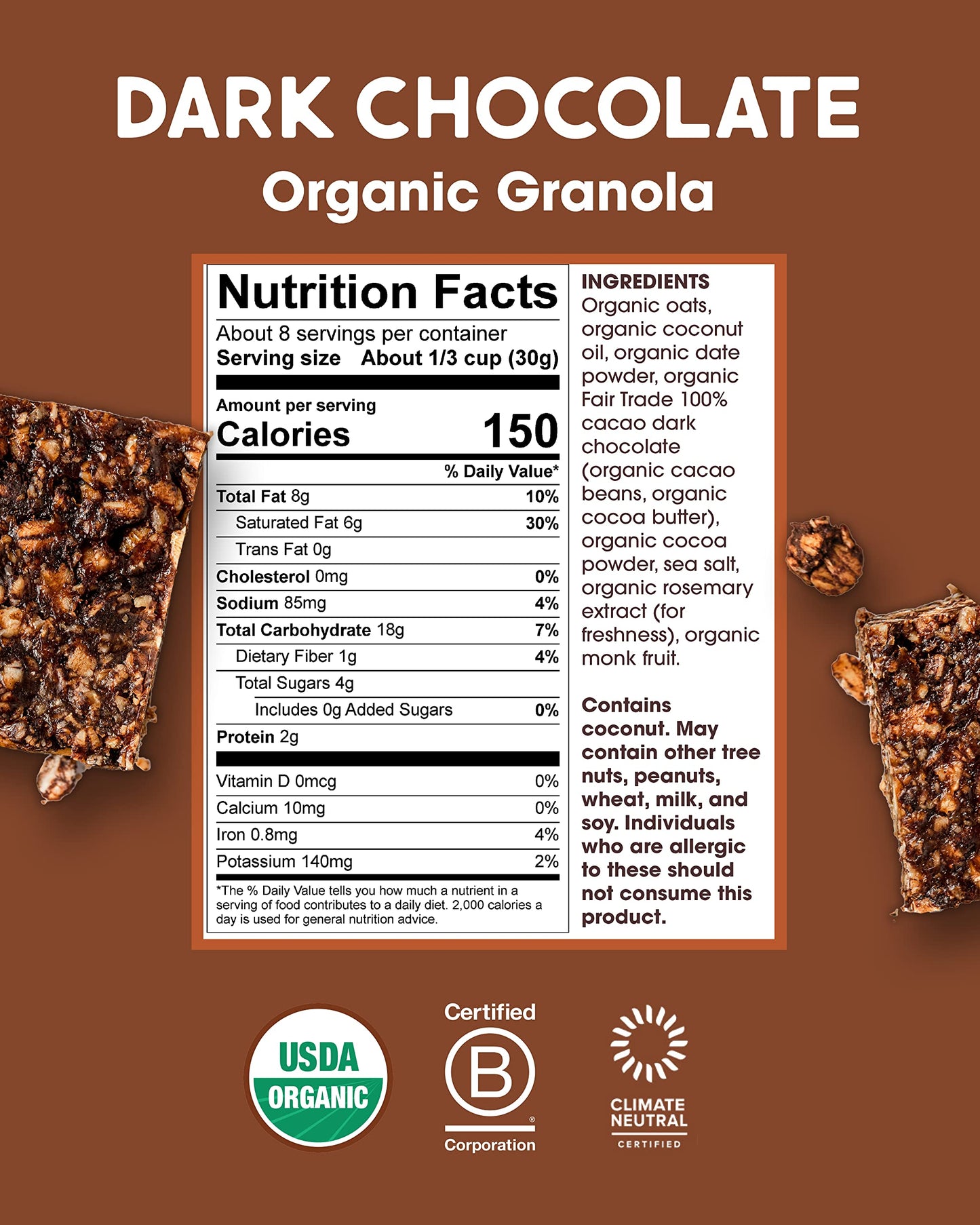 Alter Eco Dark Chocolate Granola, Healthy, Organic Breakfast & Snack, Naturally Sweetened With Fruit, Vegan, No Artificial Sugar