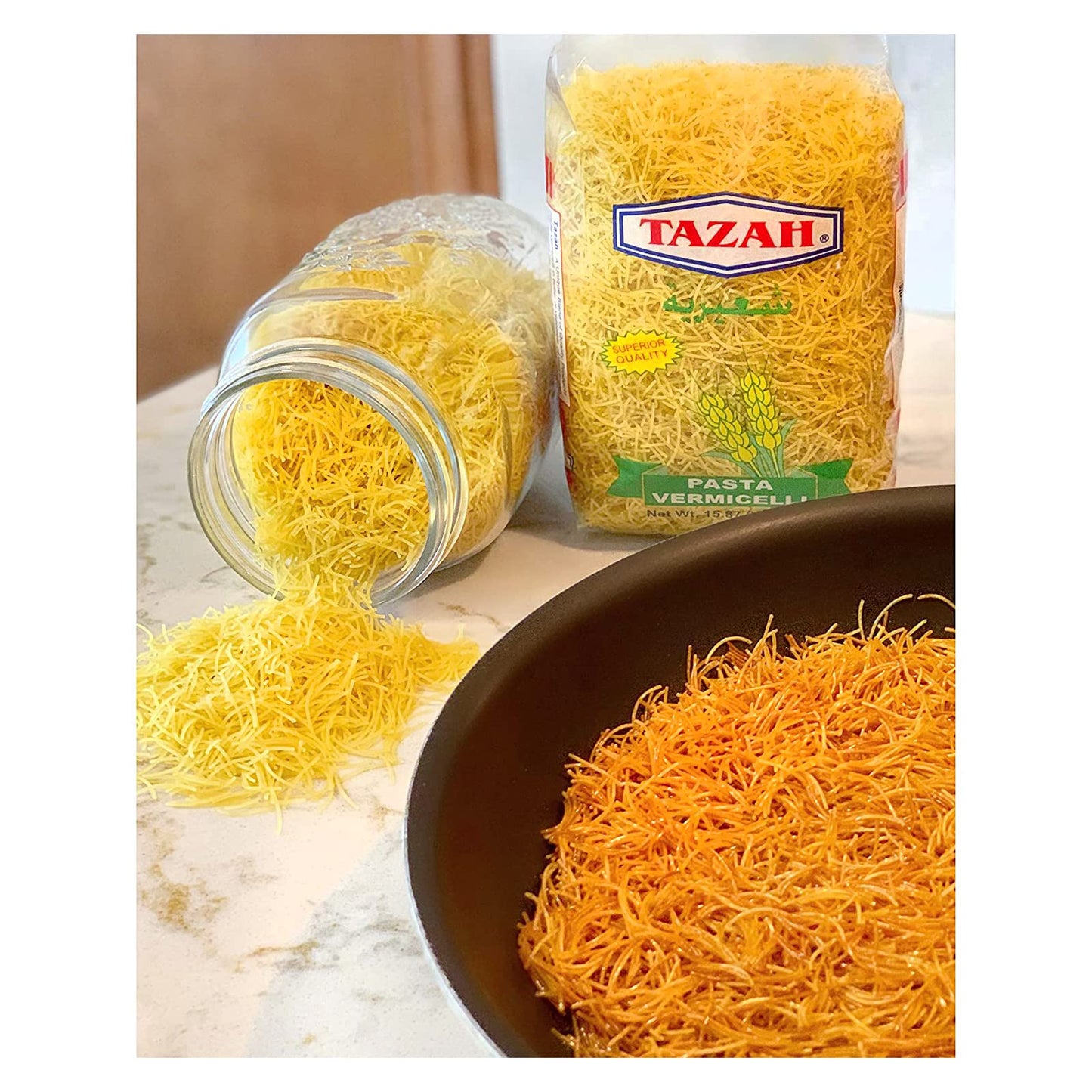 Tazah Vermicelli Pasta 15.87Oz (450G) - Delicious, Nutritious, Quick-Cooking, Versatile Pasta - Ideal For Soups, Salads, Stir-Fry Dishes - Authentic Mediterranean Cuisine - Product Of Uae