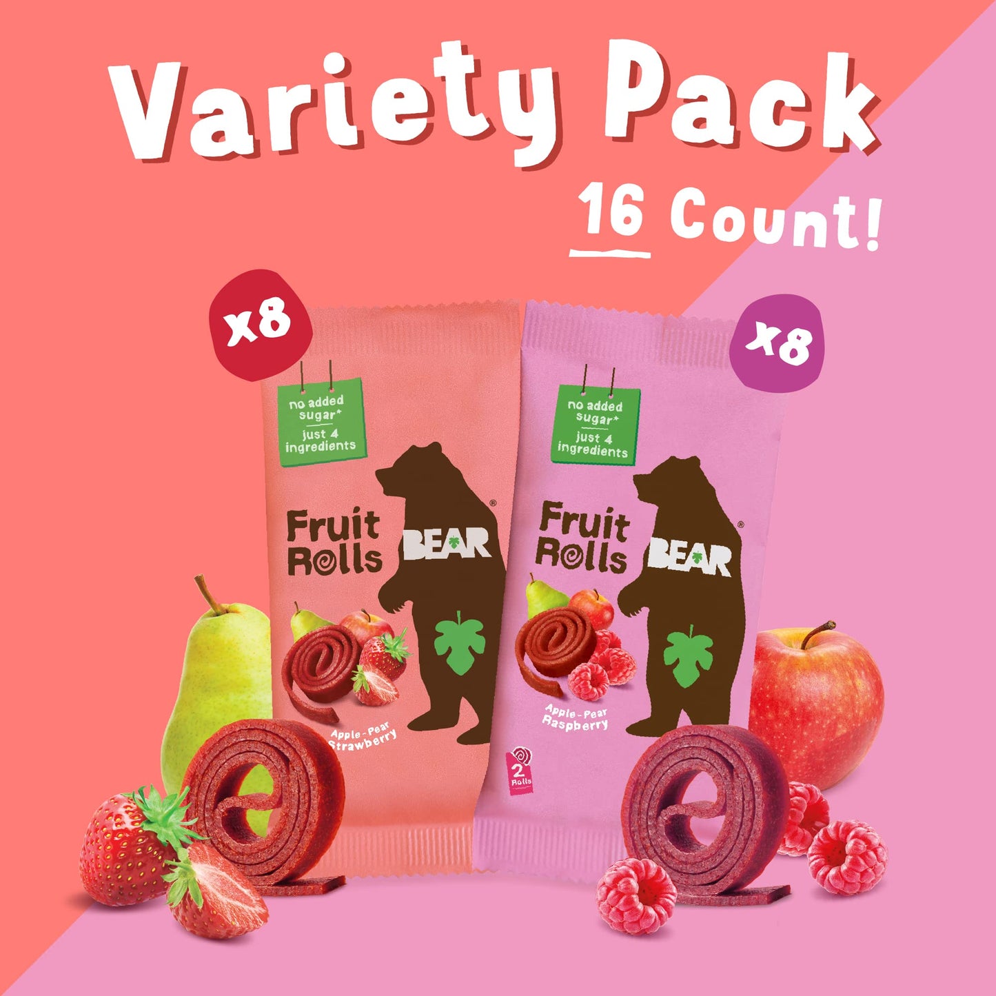 BEAR Real Fruit Snack Rolls, Strawberry & Raspberry Variety Pack - 16 Count - Gluten Free, Vegan, and Non-GMO - Healthy School A