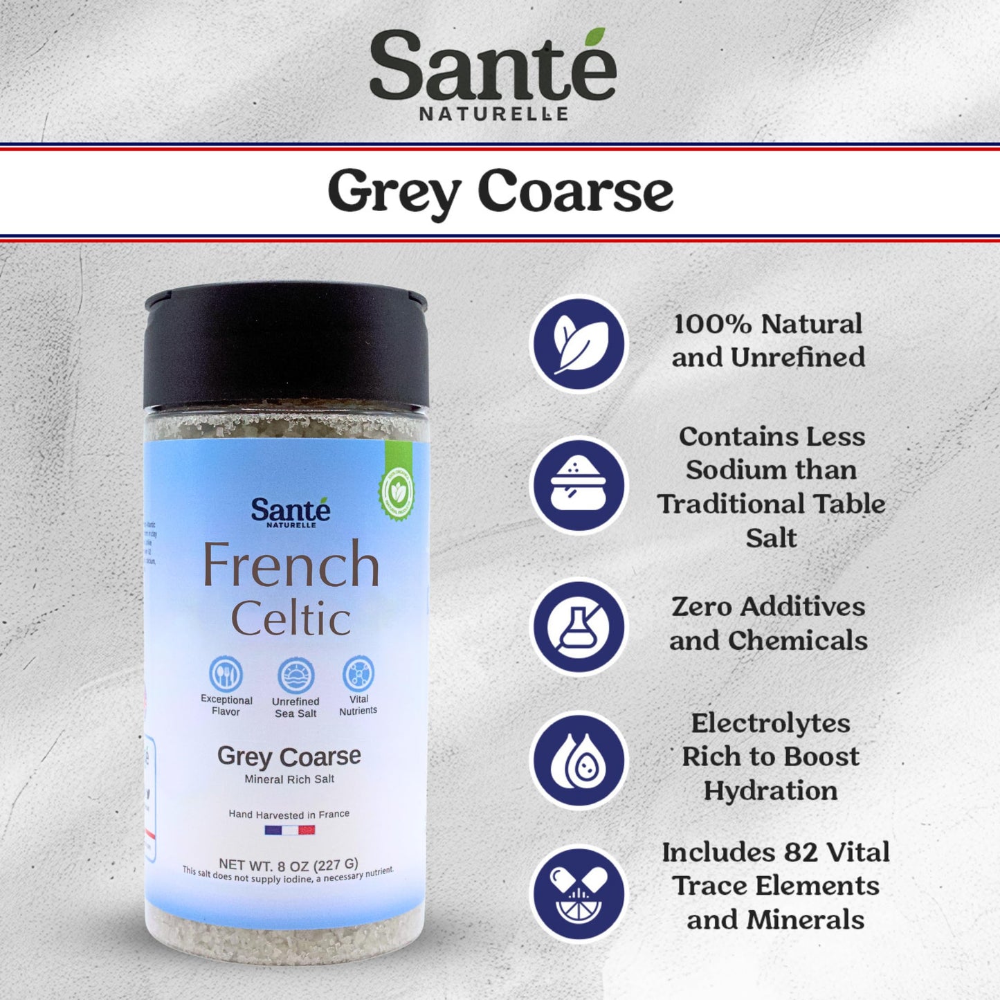 Sante Naturelle Celtic Salt Grey Coarse Sea Salt Shaker, 8 oz, Unrefined French Sea Salt, Rich in 82+ Minerals, 100% Natural