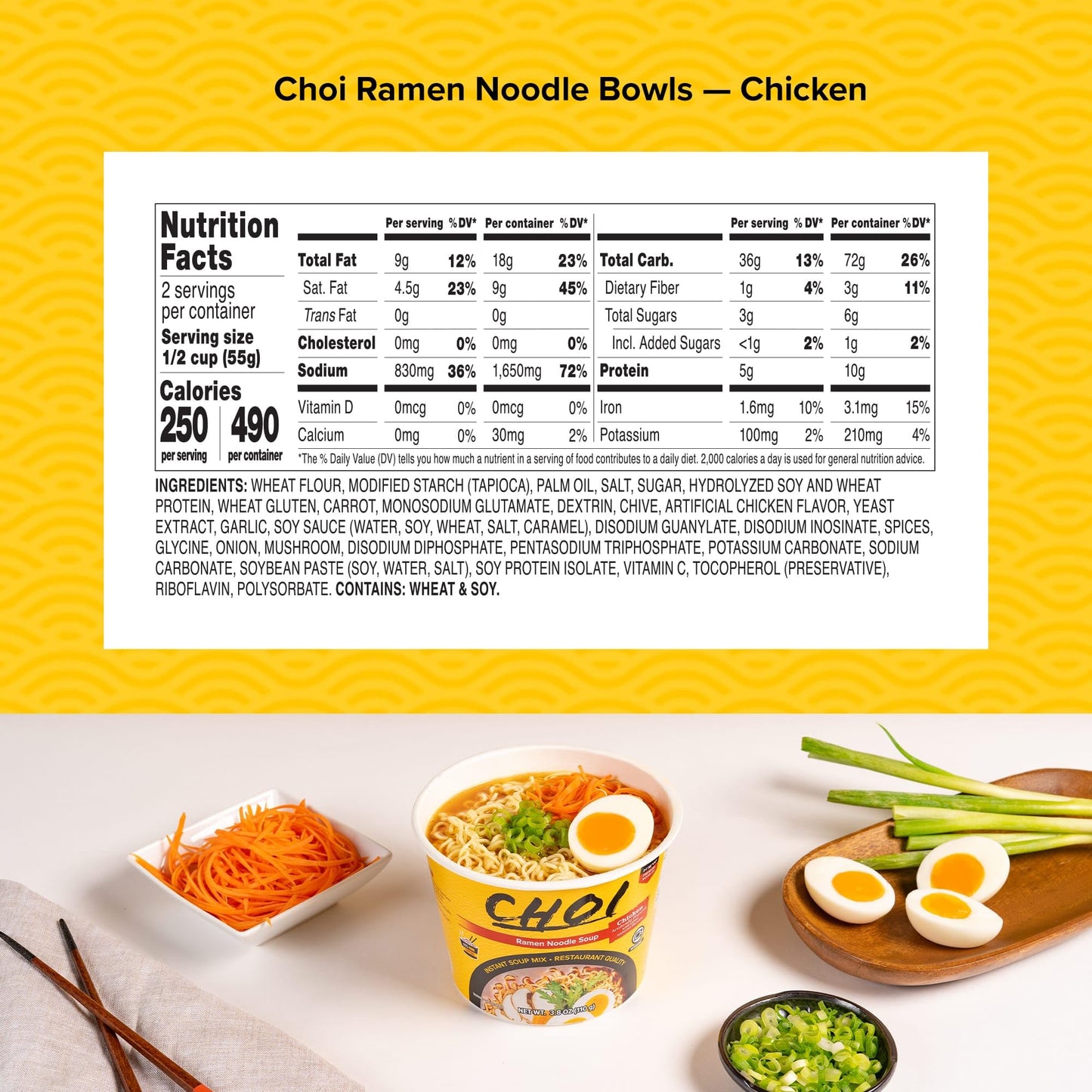 CHOI Instant Ramen Noodle Soup Mix, Chicken Flavor, 3.8 oz Bowl, Bulk Case of 6