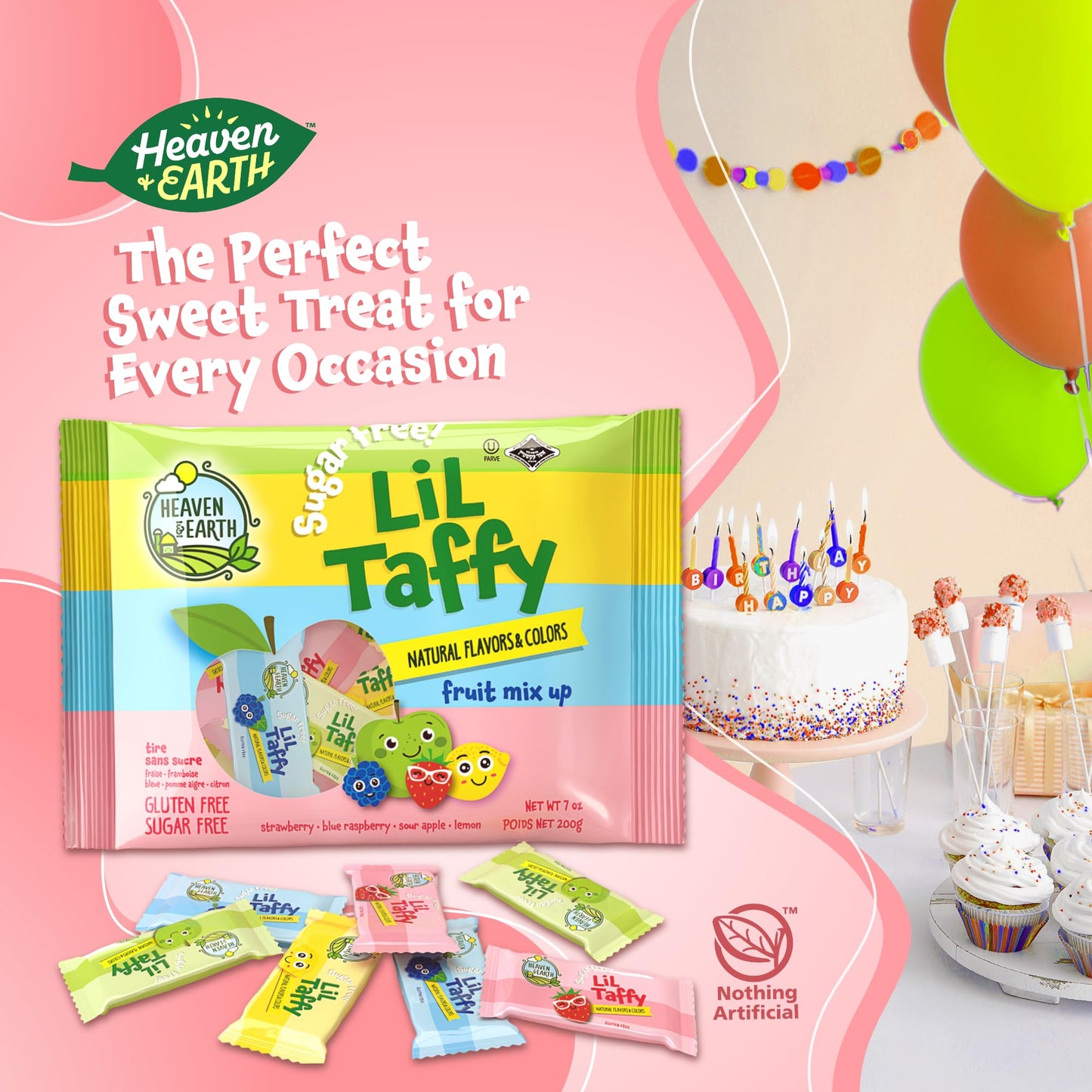 Heaven & Earth Sugar Free Lil Taffy Fruit Mix (Approx. 20 Count) | Dye Free Candy | Made With Natural Colors & Flavors, No High Fructose Corn Syrup, Gluten Free, Nothing Artificial, Goody Bag And Pinata Fillers, Kosher, Wonderfully Delicious!