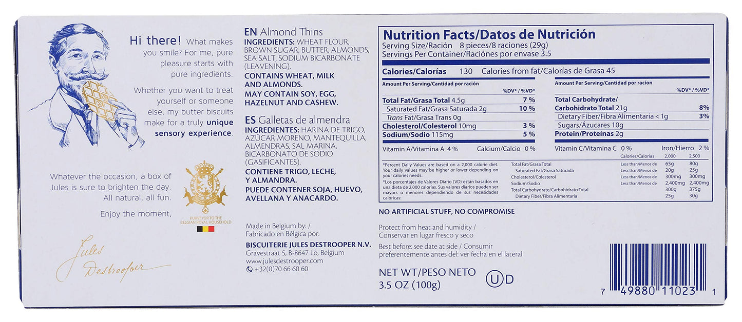 Jules Destrooper Almond Thins - Caramelized Butter Biscuits, Kosher Dairy, Authentic Made In Belgium - 3.5oz