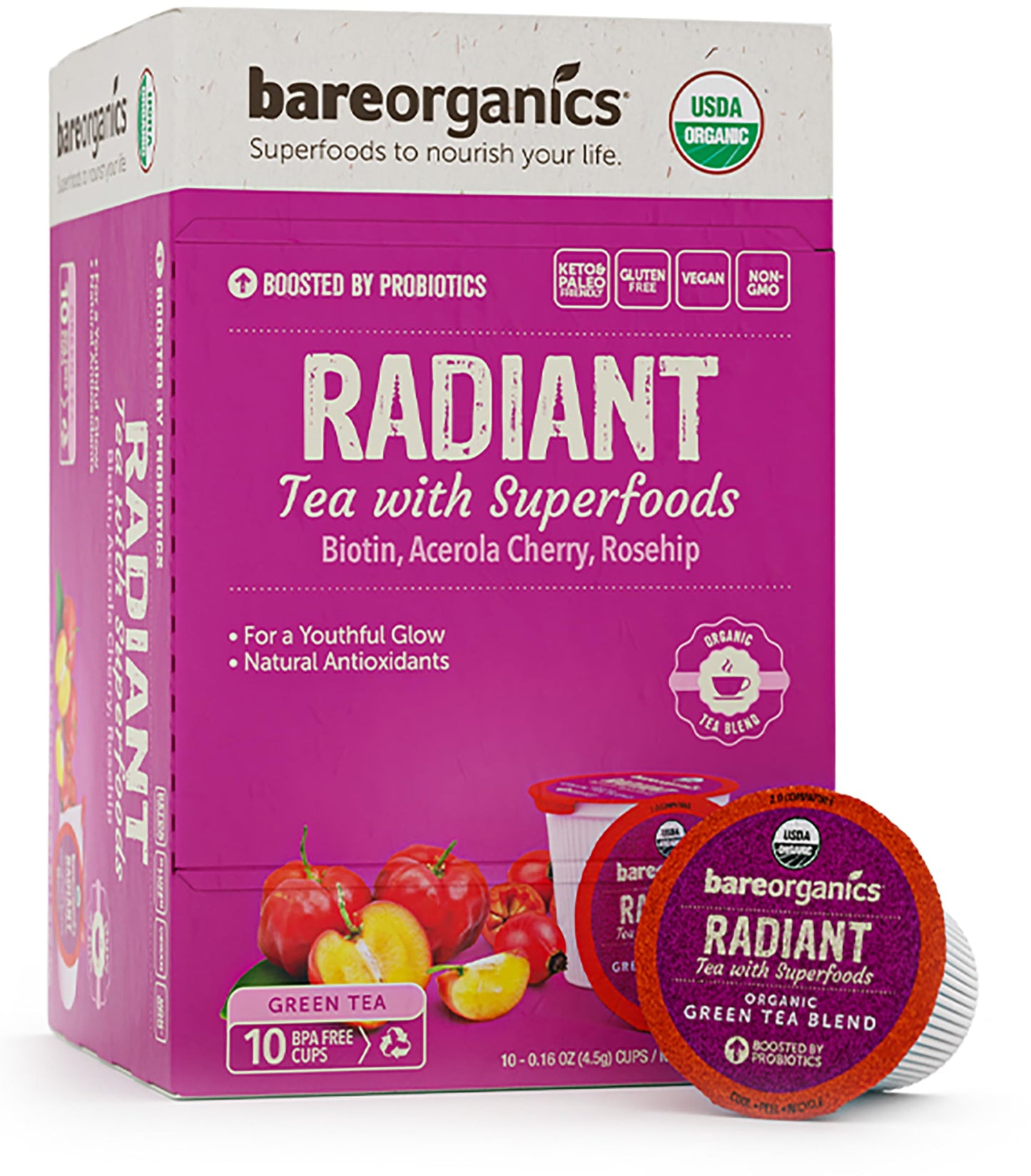 BareOrganics Radiant Tea withuperfoods & Probiotics | Compatible Tea Pods | USDA Certified Organic, Vegan, Non-GMO & Recyclable,