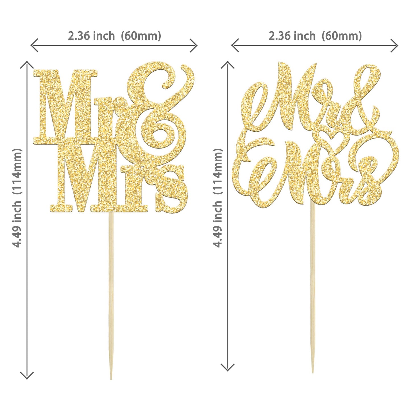 Ephlyn 24Pcs Gold Glitter Cupcake Toppers - Mr & Mrs, Bridal Shower, Wedding, Engagement, Birthday Party Decorations, Paper