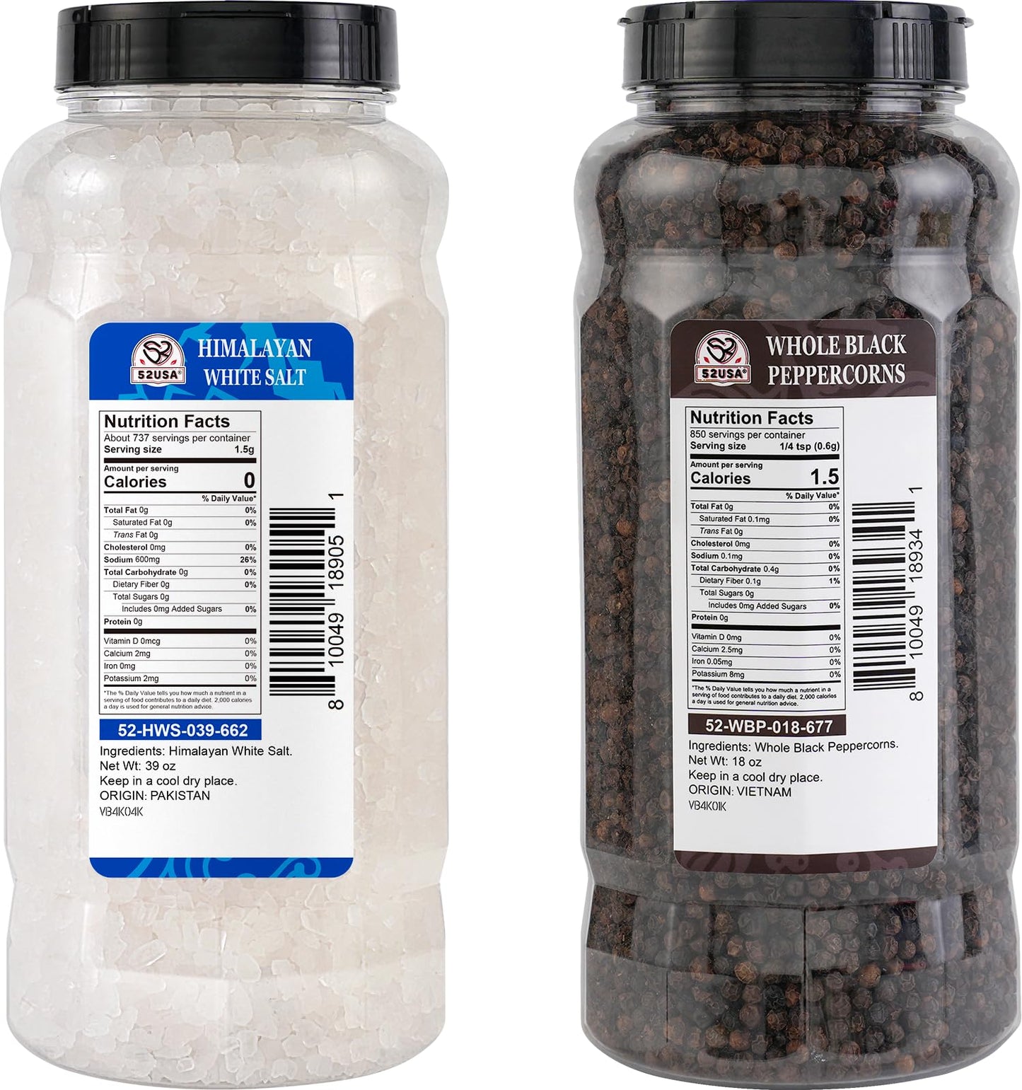 52Usa Himalayan White Salt (Coarse Grain) 39 Oz + Whole Black Peppercorns 18 Oz, Salt And Pepper Grinder, Black Peppercorn Refil