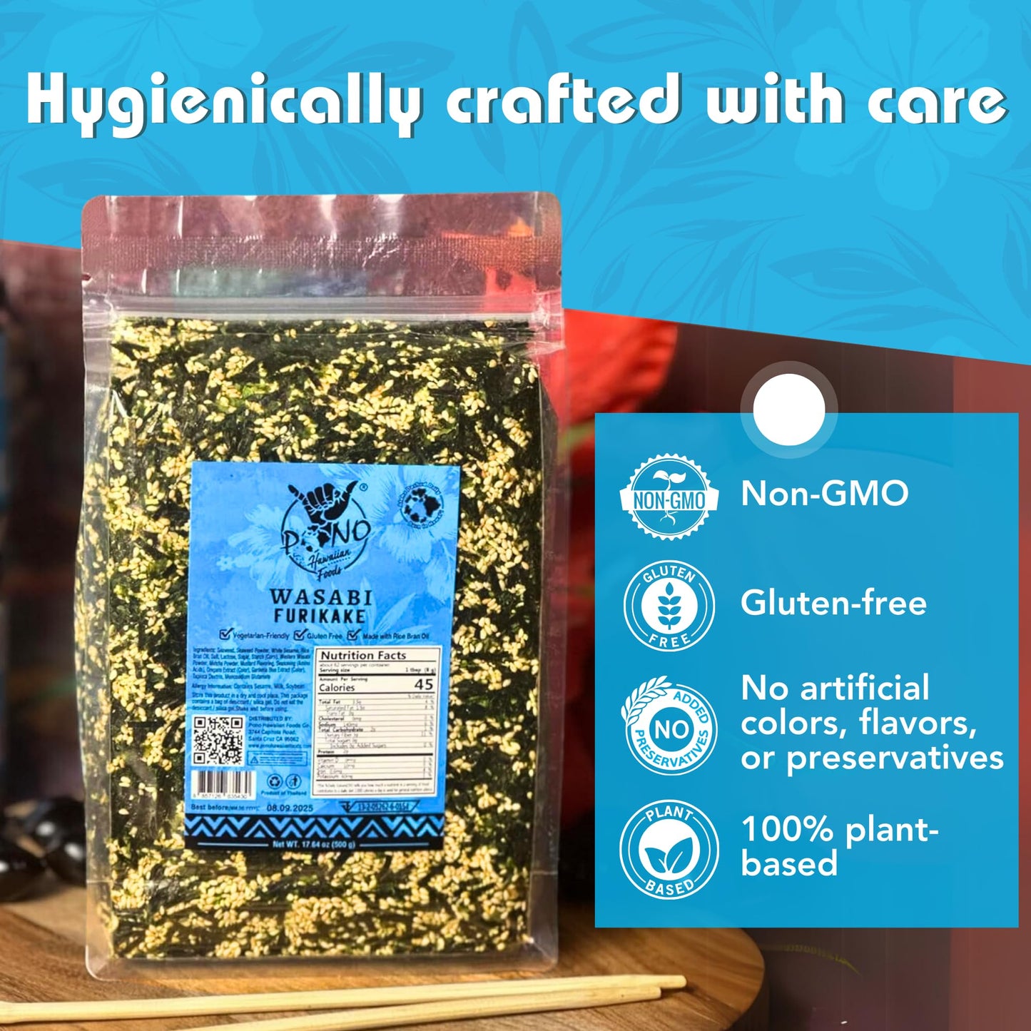 Pono Hawaiian WASABI NORI Furikake Rice Seasoning - Gluten-Free, Non-GMO, 17.64 oz