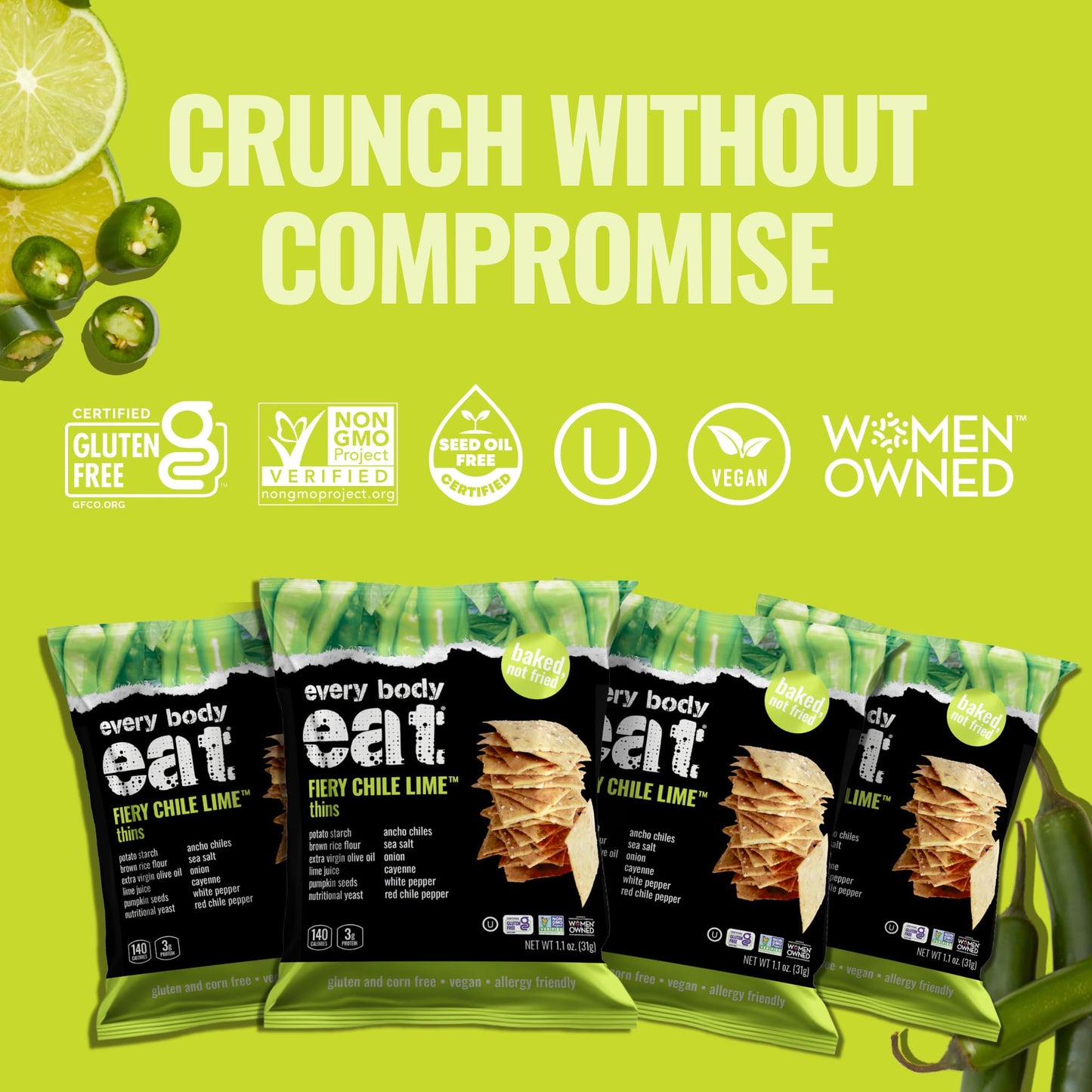 Every Body Eat Snack Thins, Fiery Chile Lime, Gluten & Dairy Free, Vegan, School Lunch Snacks, Single Serve (Pack Of 20)
