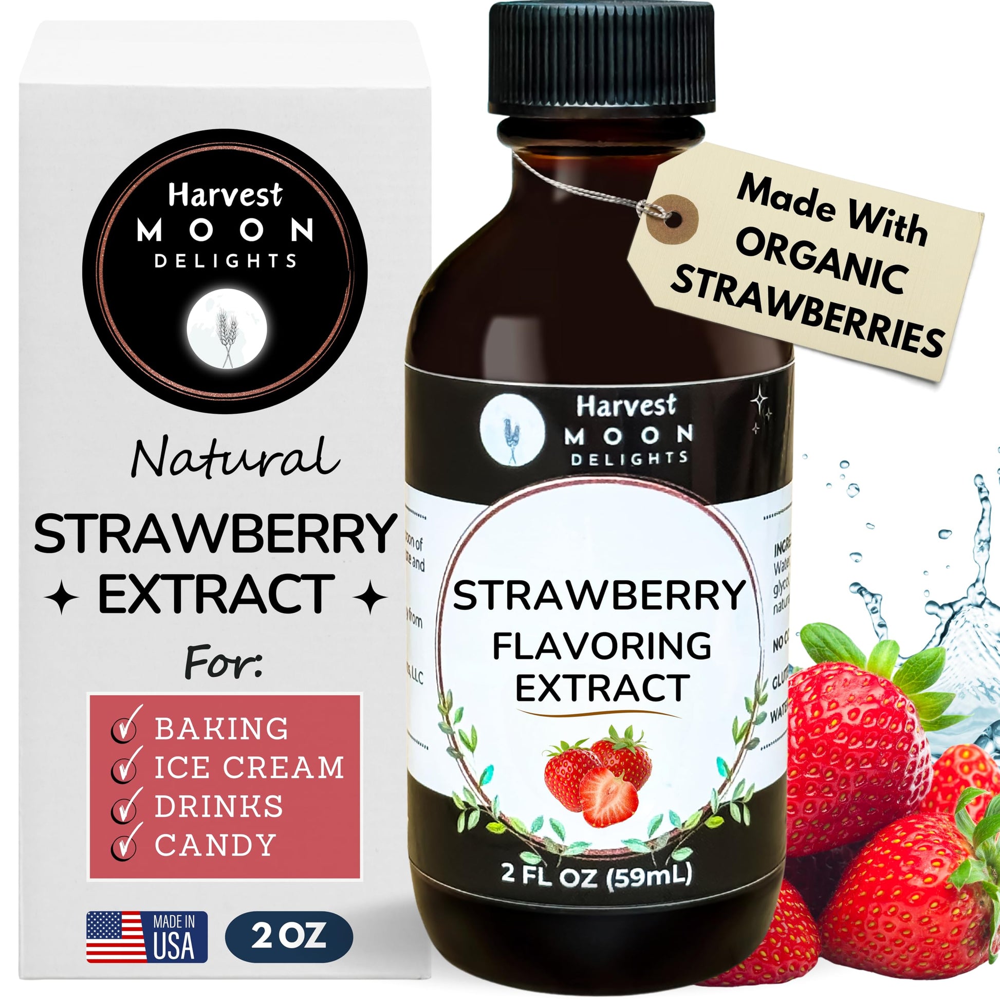 Natural Strawberry Extract - 2 oz - Water-Soluble - By Harvest Moon Delights - Strawberry Extract for Baking, Drinks, Ice Cream 