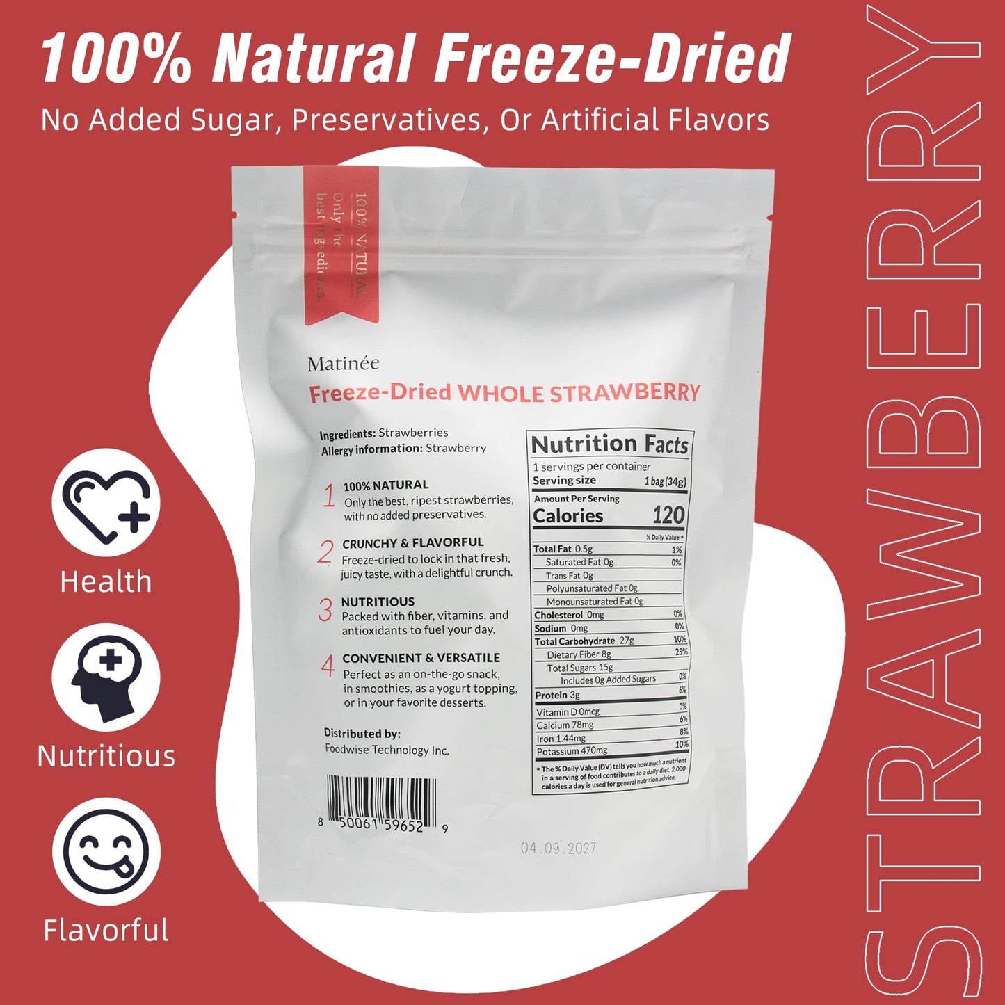 MATINÉE Freeze Dried Strawberries, Whole Dried Fruit Snack, Vegan, Non-GMO, Preservative Free, 1.2oz (Pack of 4)