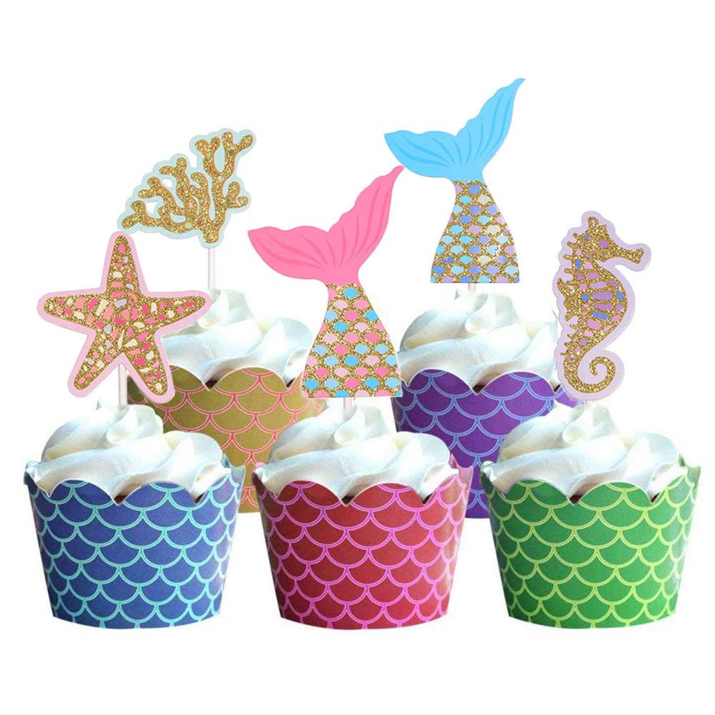 Wootkey Glitter Mermaid Theme Birthday Cake Topper Under The Sea Party Supplies Cake Decoration Cupcake Toppers 36 Pcs Mermaid T