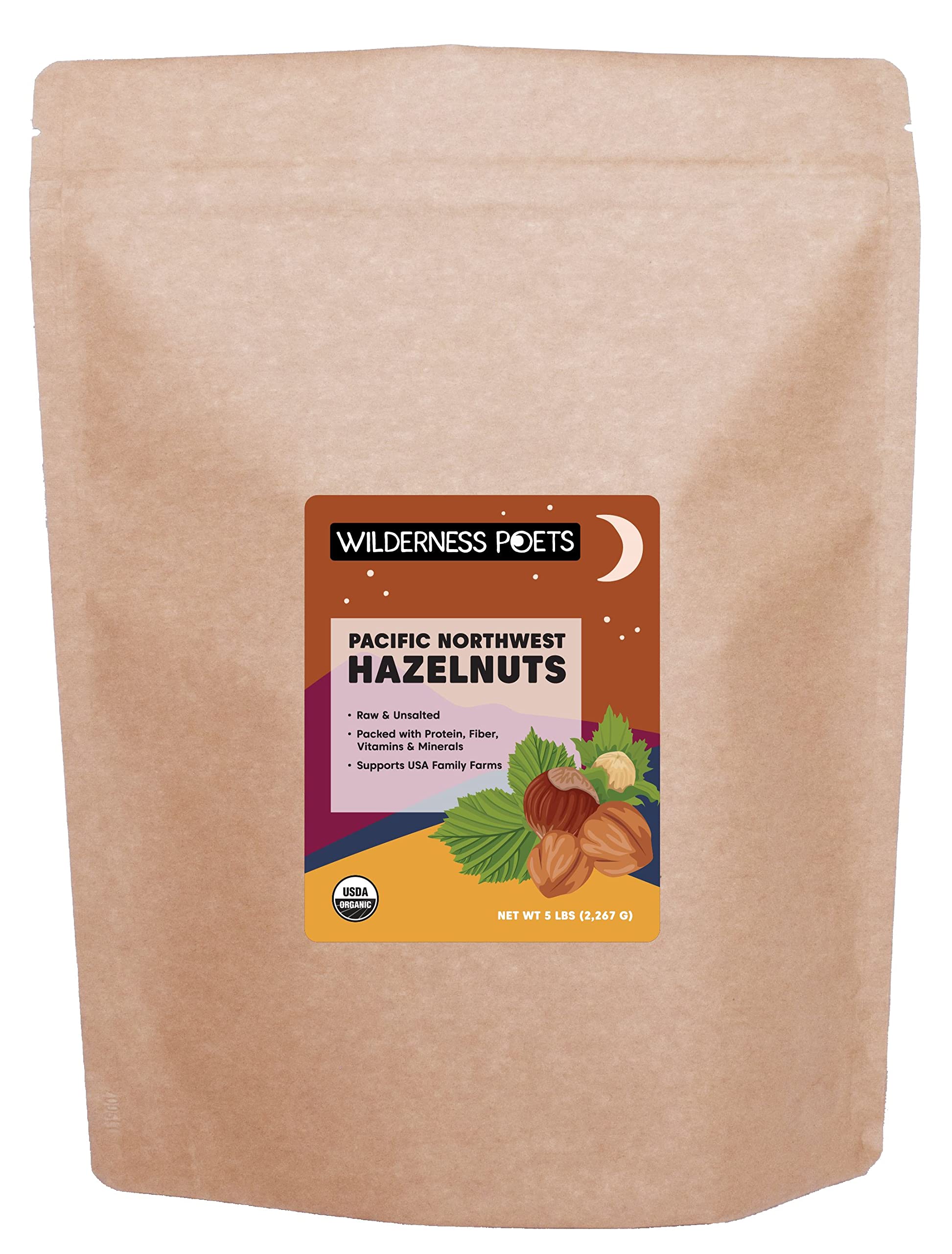 Wilderness Poets, Organic, Pacific Northwest-Grown Hazelnuts - Raw, Whole Nuts With Skins, No Shells. Bulk Size (80 Ounce - 5 Po