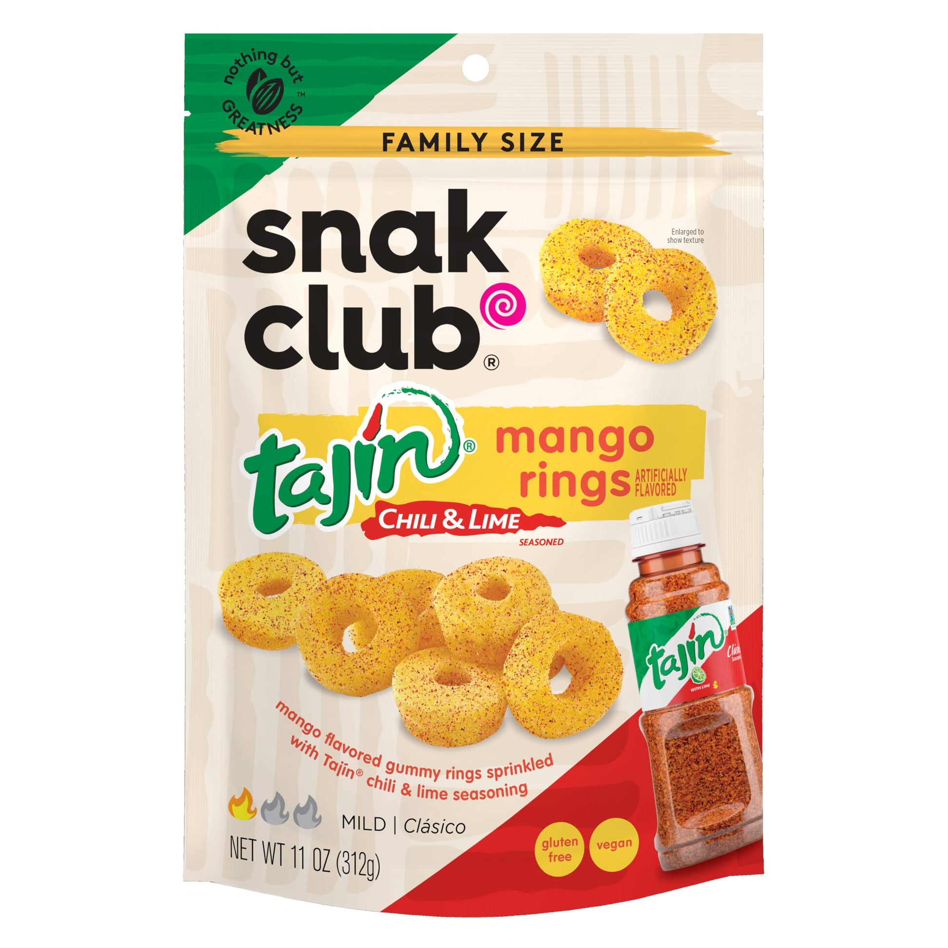 Snak Club Tajin Mango Rings Gummy Candy, Fruit Candy Gummies with Chili and Lime Seasoning, Mild, Gluten-Free and Vegan Snacks, 