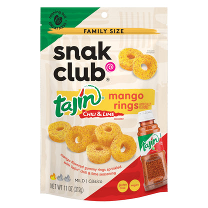Snak Club Tajin Mango Rings Gummy Candy, Fruit Candy Gummies with Chili and Lime Seasoning, Mild, Gluten-Free and Vegan Snacks, 