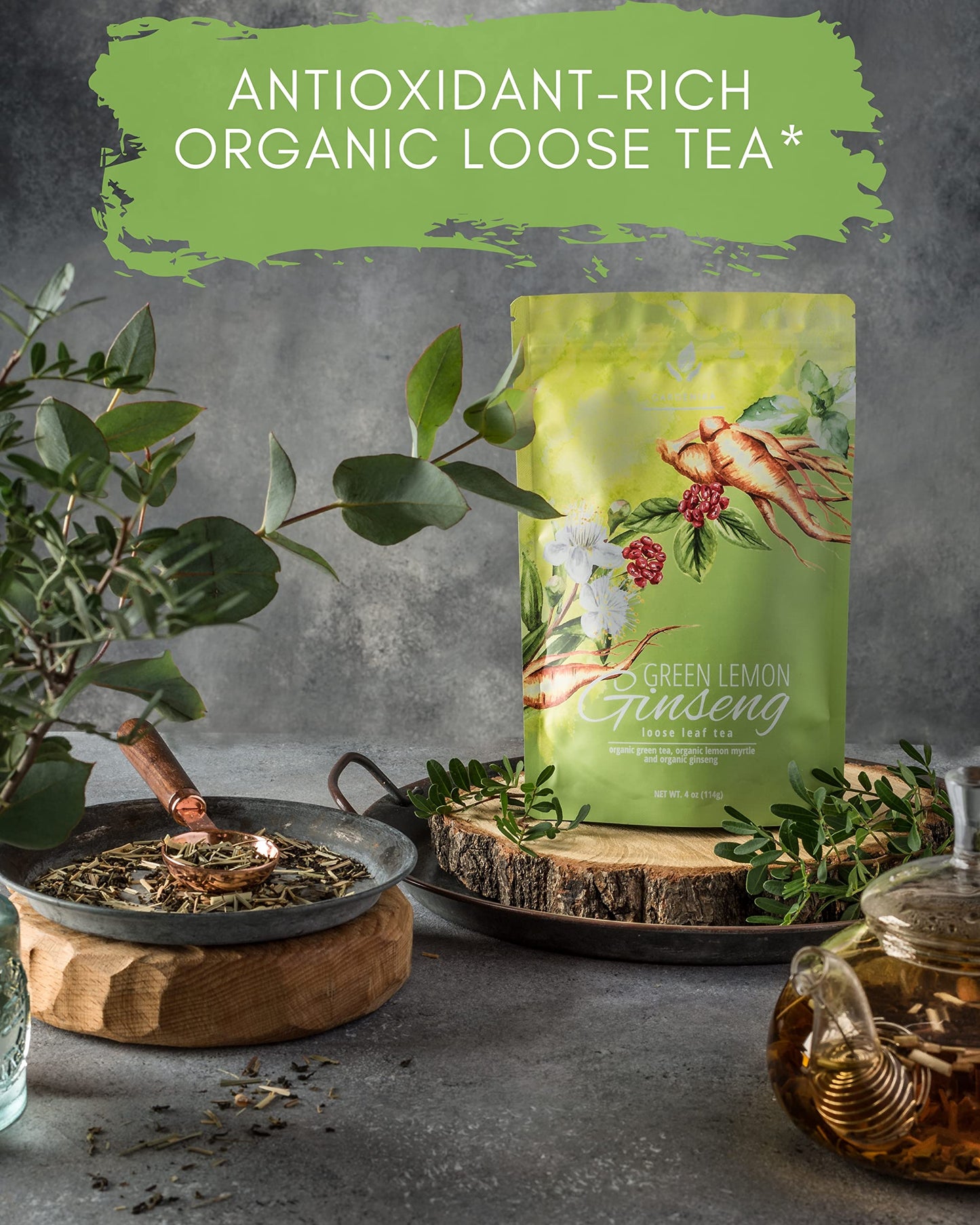 Gardenika Organic Green Loose Leaf Tea With Ginseng And Lemon Myrtle - Kosher, No Natural Or Artificial Flavors - 4 Oz