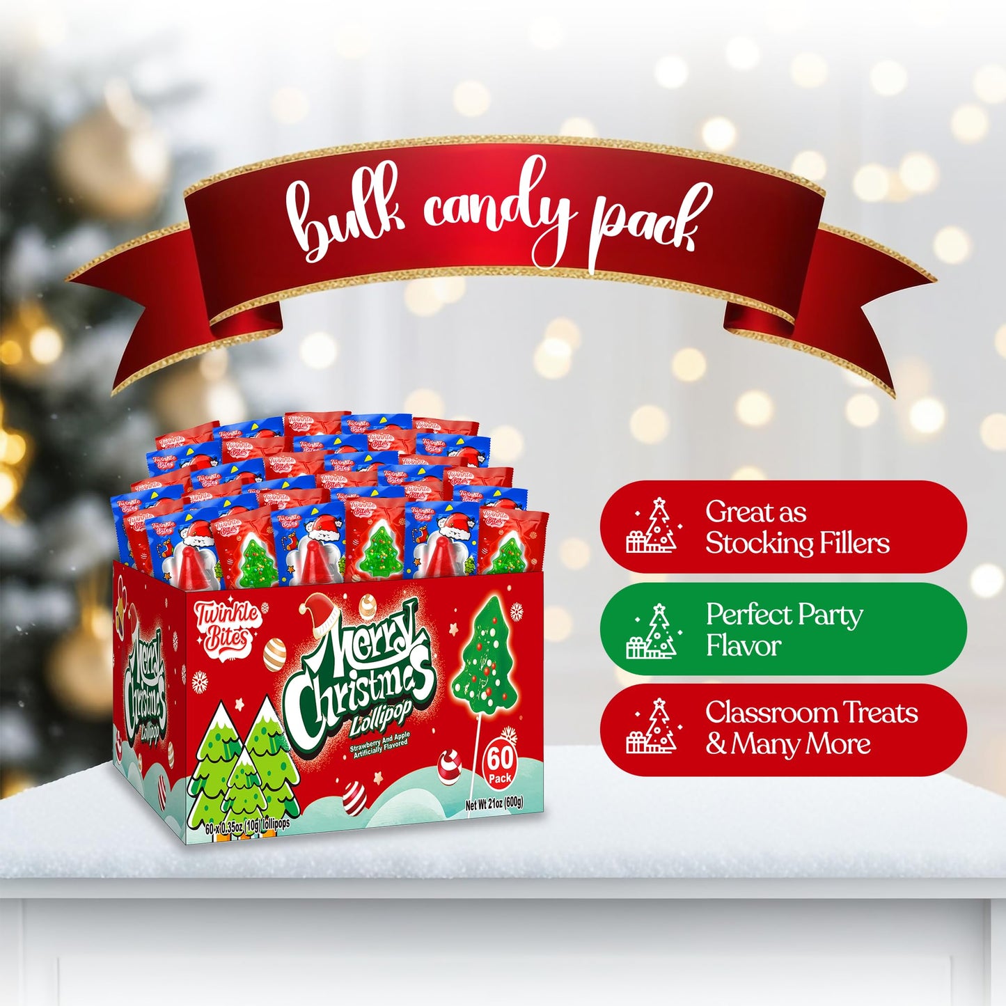60 Pack Christmas Lollipops - Individually Wrapped Christmas Holiday Themed Hat And Tree Lollipops - Colorful Red & Green Designs & Delicious Flavor -Bulk Candy Use For Stocking Stuffers, Party Favor, Classroom & Office  , Candy Jar Fillers