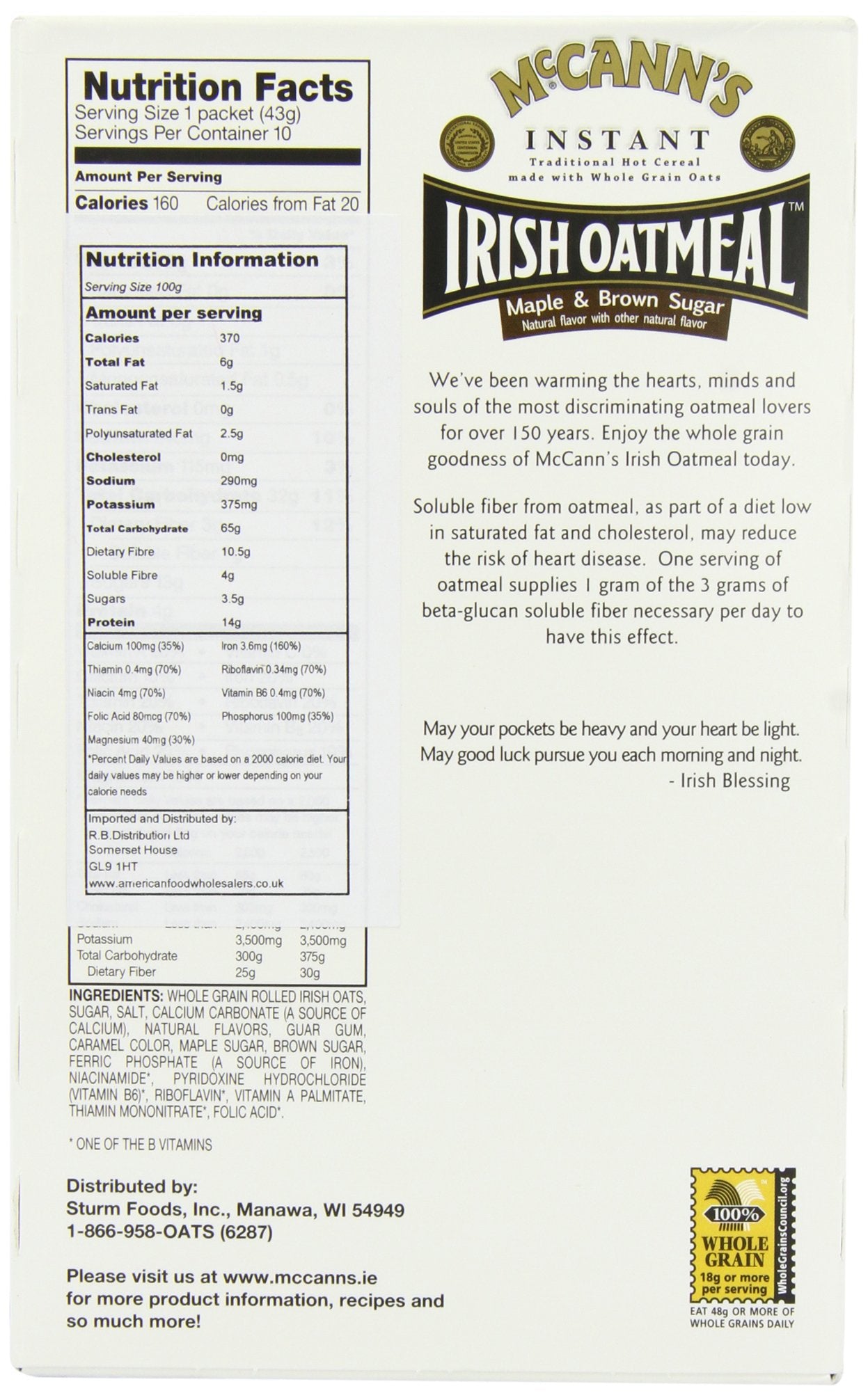 McCANNS Instant Irish Oatmeal, Maple & Brown Sugar, 10-Count Boxes (Pack of 6)