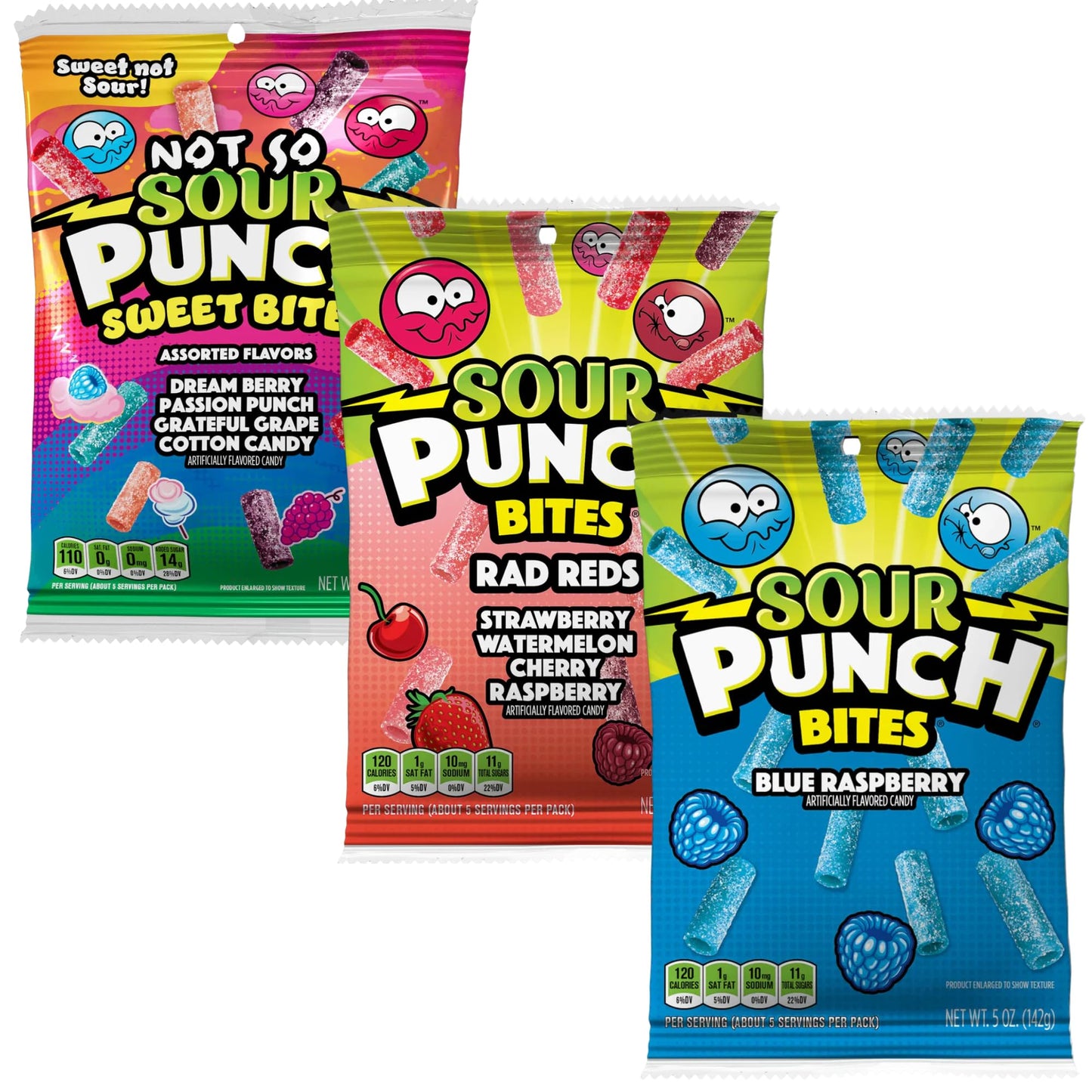 Sour Punch Fruity Mystery Straws Bundle 3 Items Gift Assortment 4.5 Ounce Pack Each, 3 Packs Total (5Oz: Strawberry, Blue Raspberry & Sweet Bites)