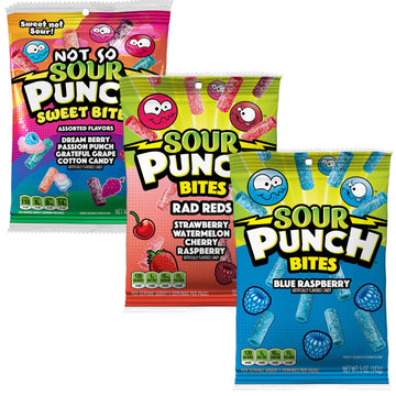 Sour Punch Fruity Mystery Straws Bundle 3 Items Gift Assortment 4.5 Ounce Pack Each, 3 Packs Total (5Oz: Strawberry, Blue Raspberry & Sweet Bites)