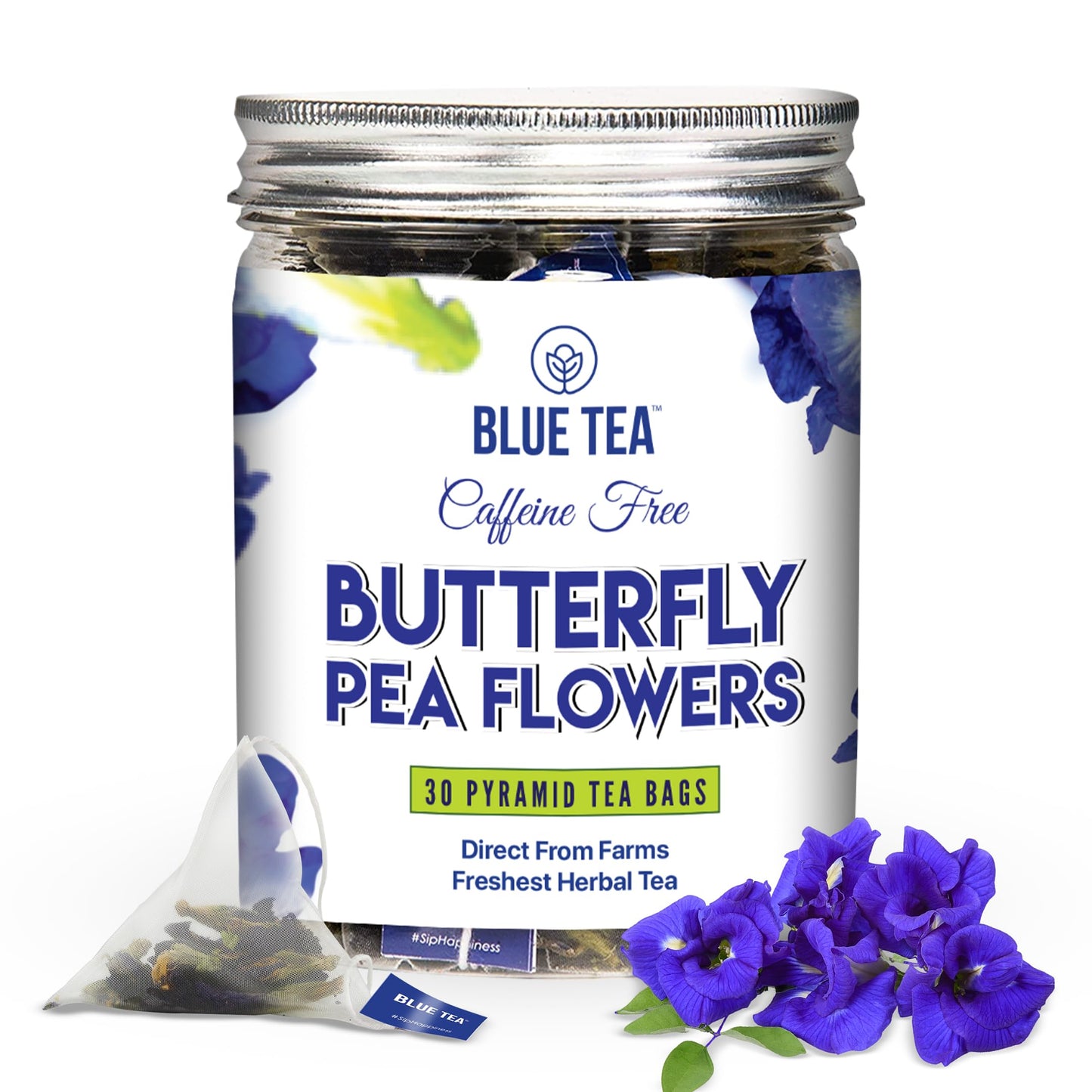 BLUE TEA Butterfly Pea Flower Herbal Tea - 30 Pyramid Tea Bags | Natural Coloring for Food and Beverages