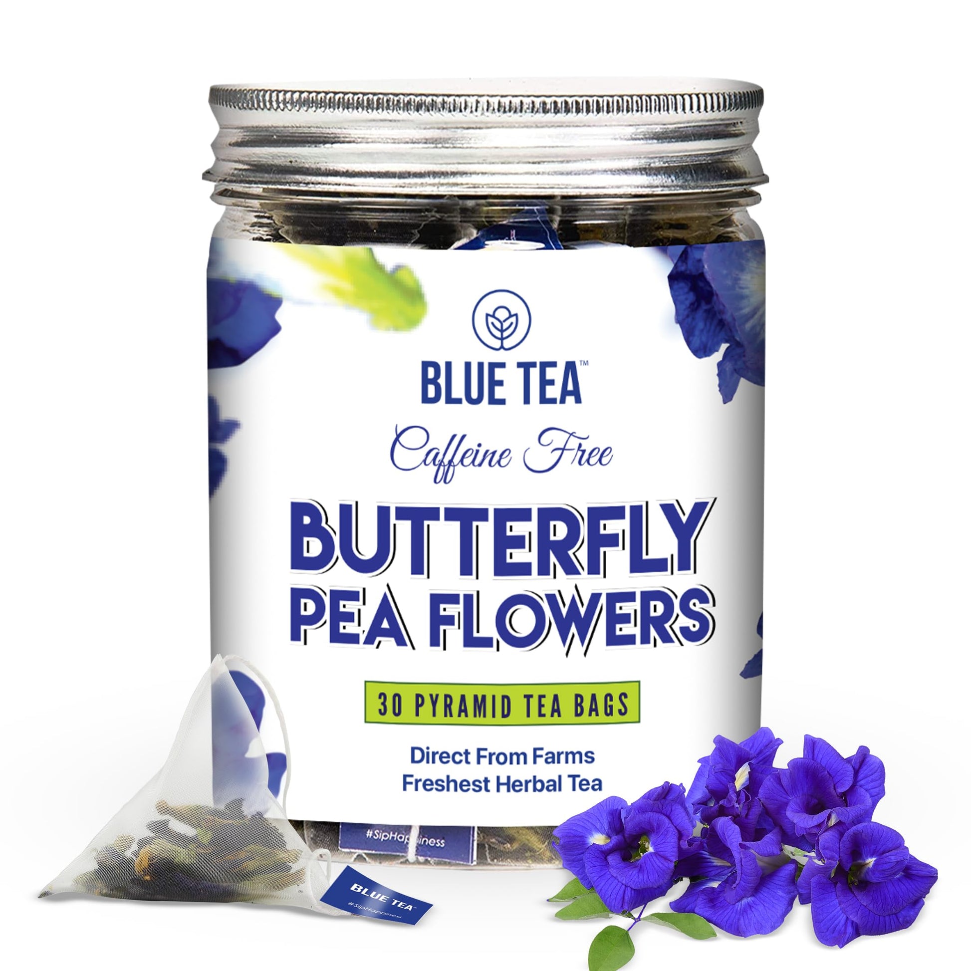 BLUE TEA Butterfly Pea Flower Herbal Tea - 30 Pyramid Tea Bags | Natural Coloring for Food and Beverages