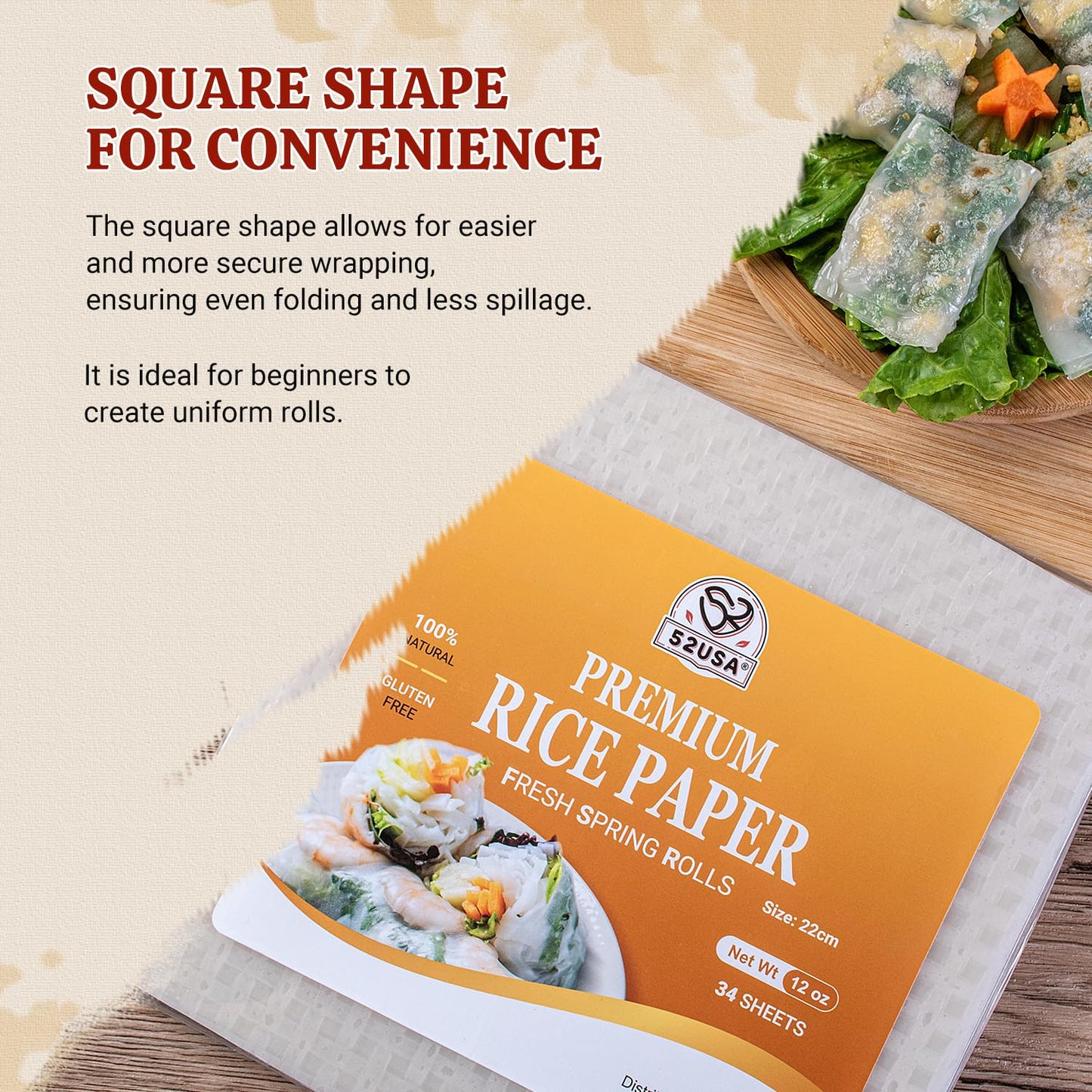 52Usa Square Rice Paper, 1 Pack, White Rice Paper Wrappers, Fresh Spring Roll Wrappers & Dumplings-34 Sheets, Gluten-Free Wonton