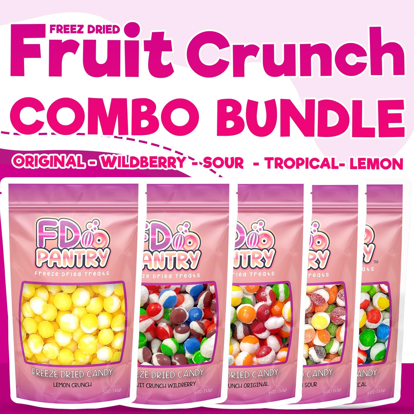 Freeze Dried Candy Variety Pack - Fruit Crunch 5 Pack, Fruit Crunch Original, Wildberry, Sour, Tropical, Lemon 4 Oz (5 Count) -