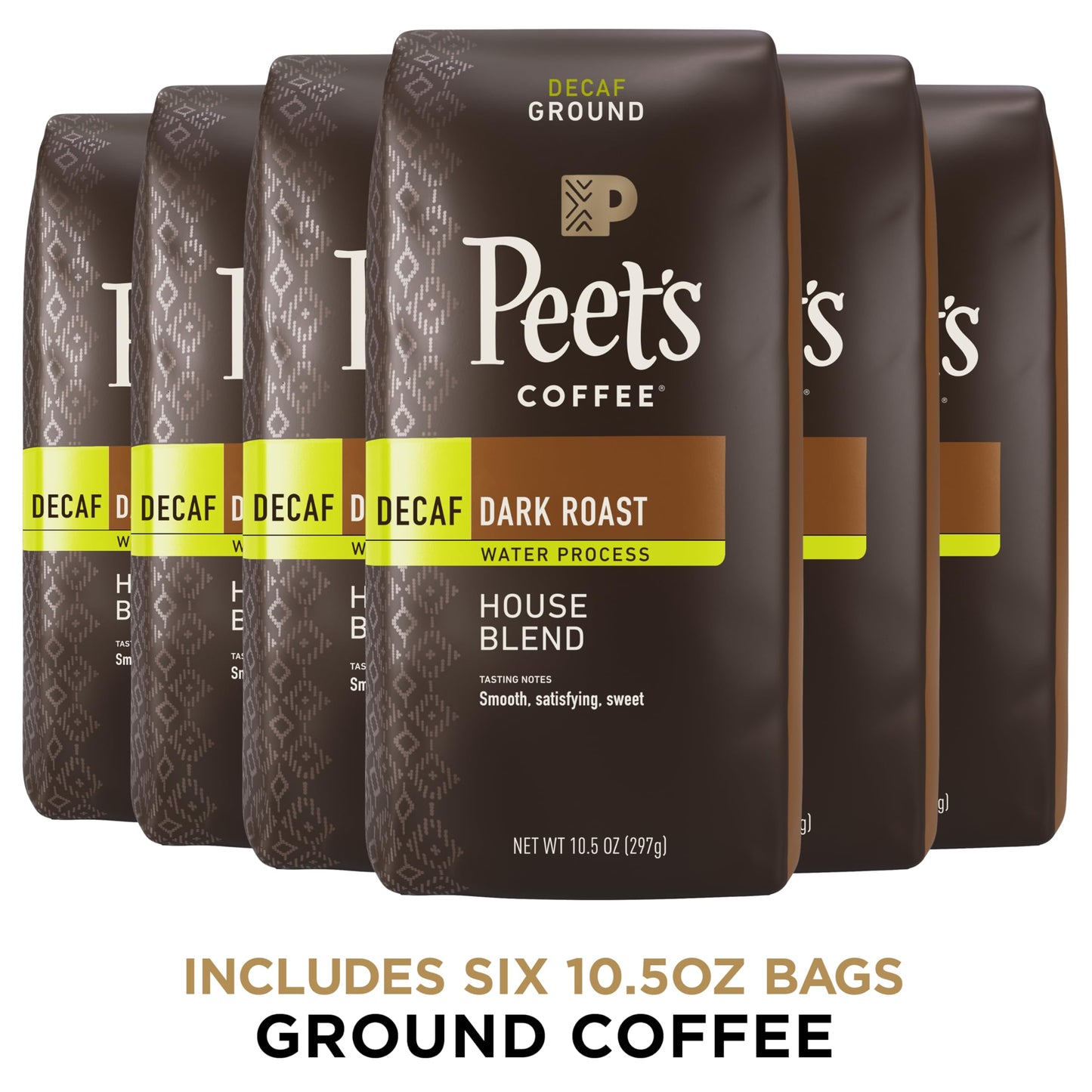 Peets Coffee Dark Roast Ground Coffee Decaf House Blend 63 Ounces (6 Bags of 10.5 Ounces)