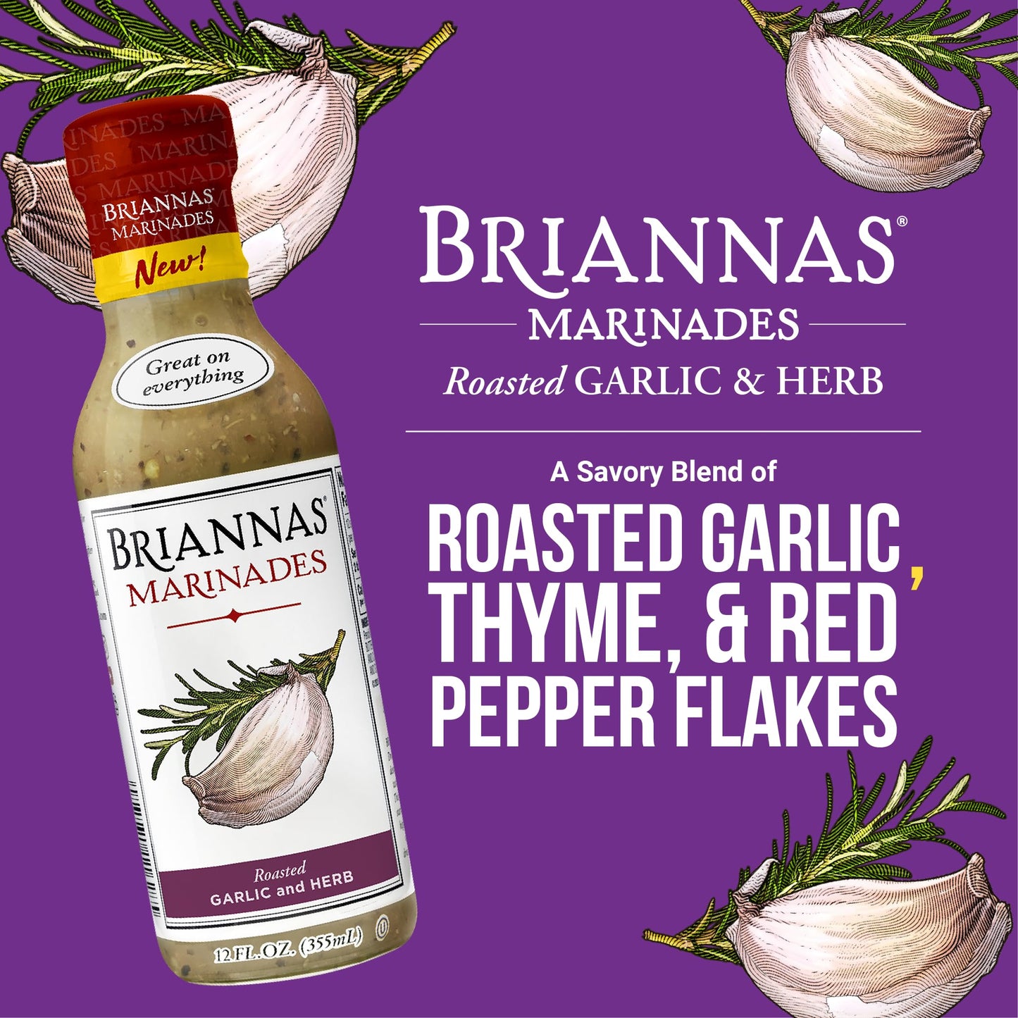 BRIANNAS Roasted Garlic & Herb Marinade, Small Batch, Gluten Free, Vegan, 12 oz. Bottle
