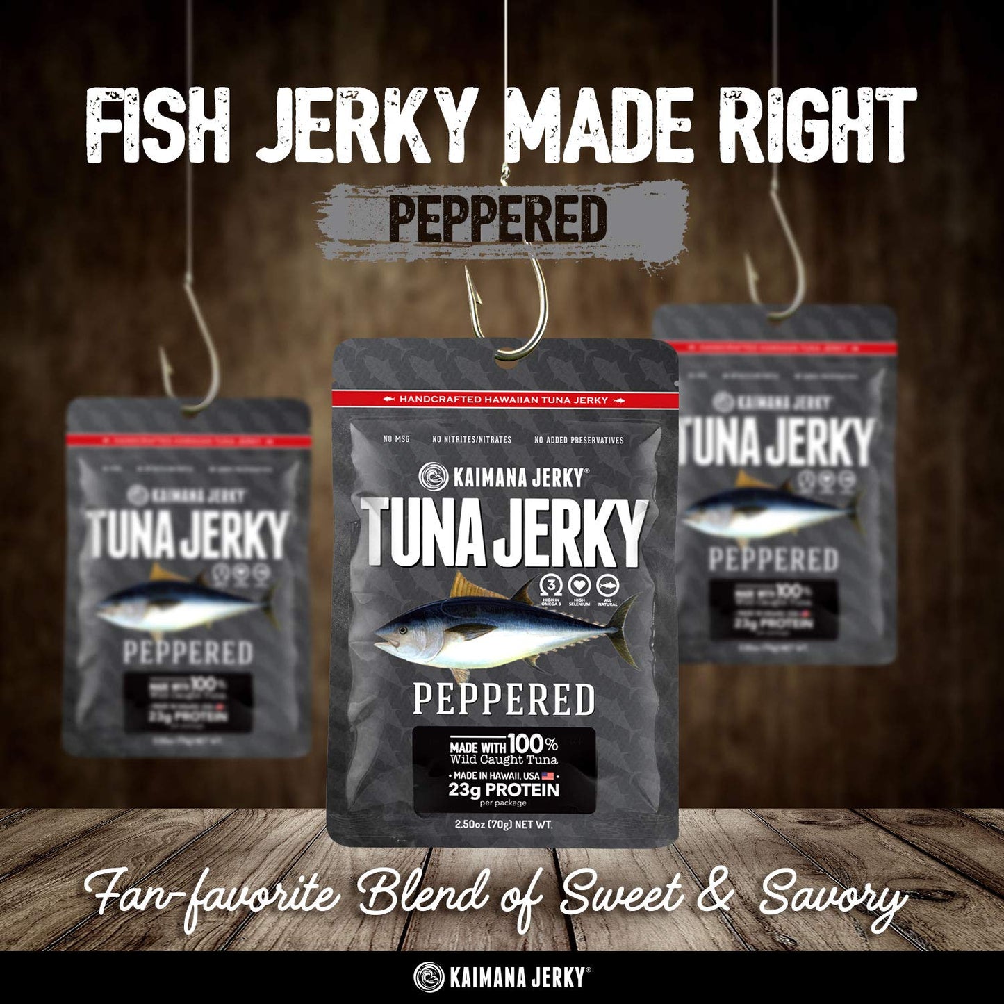 Kaimana Jerky Wild-Caught Ahi Tuna Jerky - Peppered, All-Natural, 3 Pack, 2.5 oz