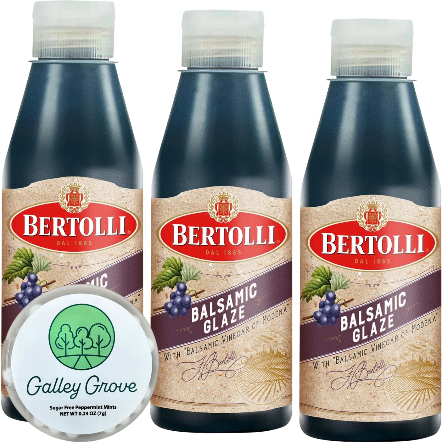 Bertolli Balsamic Glaze With Vinegar Of Modena, 6.76 FL OZ (3-PACK) Bundle With Galley Grove Sugar-Free Peppermint Breath Mints